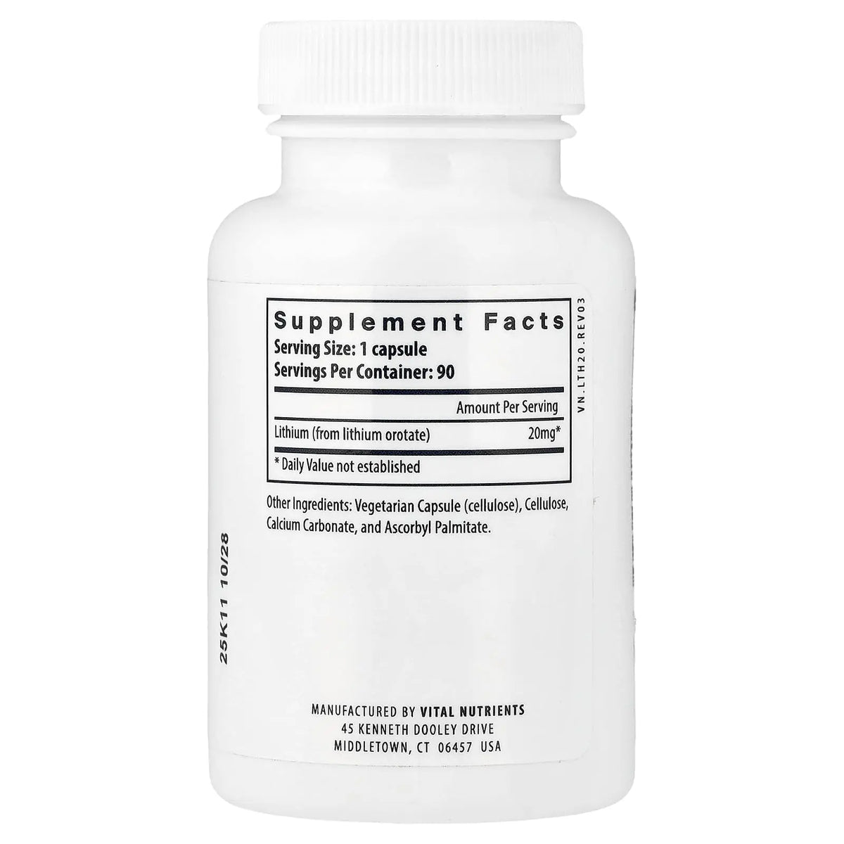 Vital Nutrients Lithium Orotate - Vegan Lithium Supplements for Memory, State of Mind, and Behavioral Health* - 20mg - Gluten, Dairy, Soy Free - 90 Capsules Vital Nutrients
