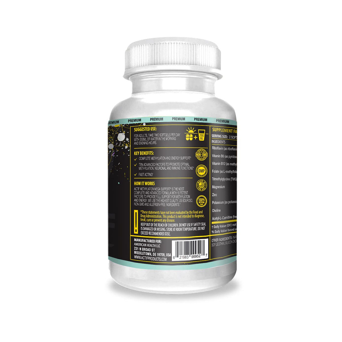 ACTIF Methylation Mega Support with 10 Advanced Factors and Organic Folate – 100% Natural, Non-GMO, 90 Count ACTIF