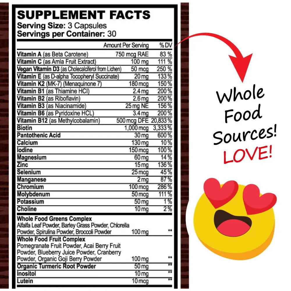Whole Food Multivitamin Fruit & Super Greens All-in-one Vitamin Complex, 90 Vegan Capsules - Daily Vitamin for Women and Men Hippie Farms