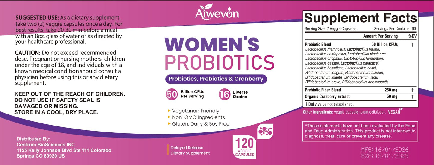 Women Probiotics 50 Billion CFU: Probiotics for Women with Prebiotics & Cranberry, 16 Strain Probiotic Supplement for Digestive Gut Health, Vaginal & Urinary Tract Support Aiwevon