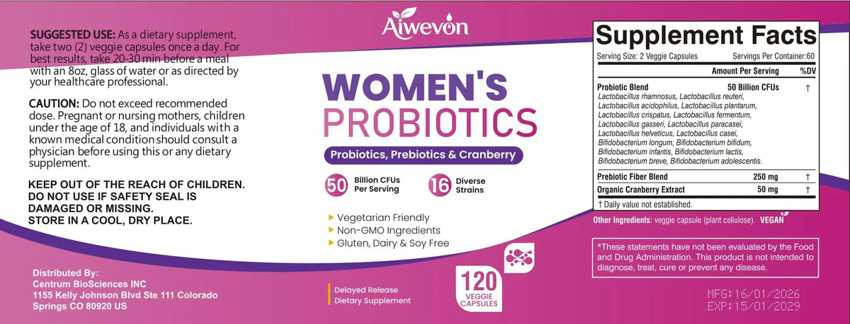 Women Probiotics 50 Billion CFU: Probiotics for Women with Prebiotics & Cranberry, 16 Strain Probiotic Supplement for Digestive Gut Health, Vaginal & Urinary Tract Support Aiwevon
