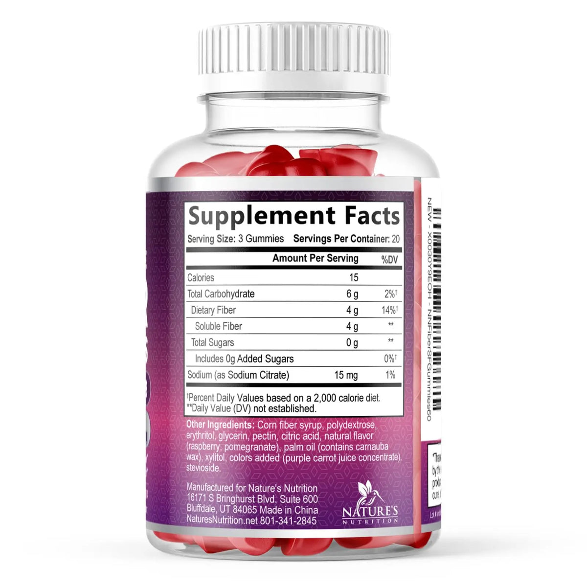 Fiber Gummies – Sugar Free Prebiotic Plant-Based Fiber 4g per Serving Supplement - Improved Soluble Formula Supports Digestive Health & Regularity - Non-GMO, Nature's Nutrition