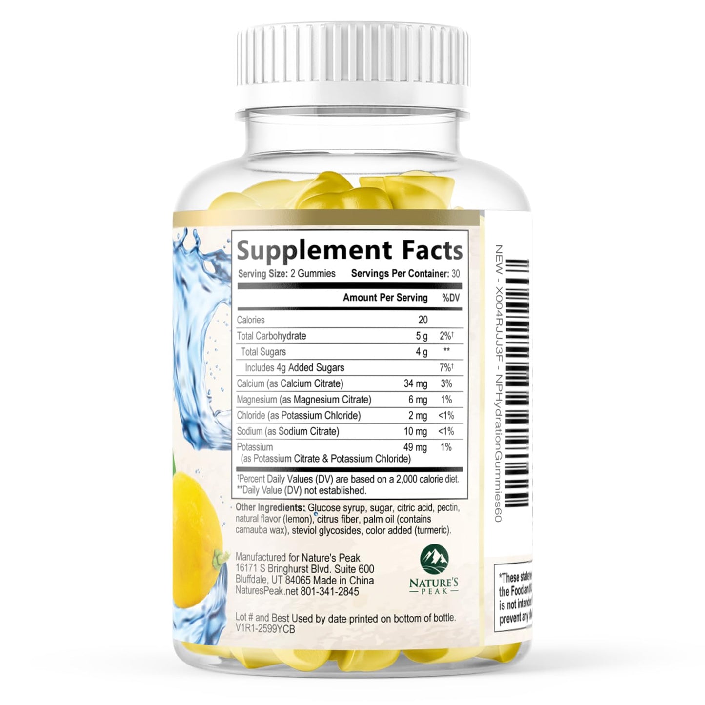 Hydration Electrolyte Gummies - Daily Liquid Replenisher Gummy - Electrolyte Multiplier with Minerals, Potassium & Real Salt - Vegan, Non-GMO - Tasty Lemon Flavor Hydration Electrolytes - 60 Gummies Nature's Peak