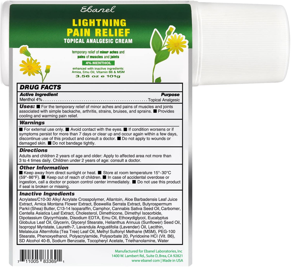 Ebanel Bundle of Numb25 Lidocaine 5% Topical Numbing Cream 1 Oz, and Pain Relief Roll On Arnica Menthol 3 Oz Ebanel