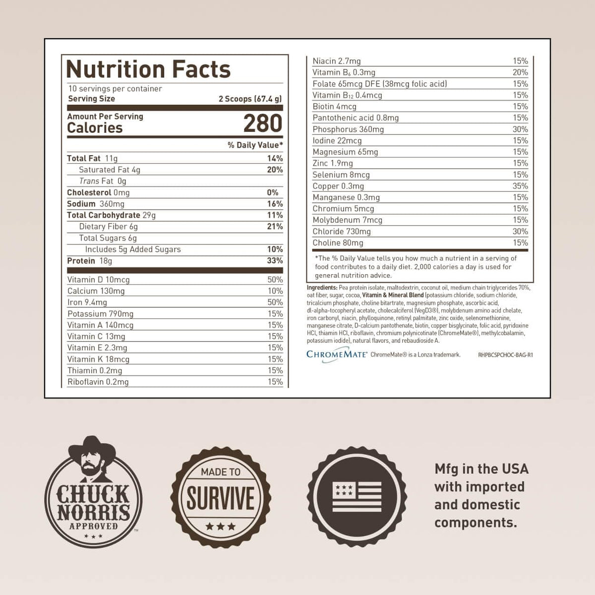 Basecamp Complete Nutrition Shake by Chuck Norris Roundhouse Provisions – Plant-Based Emergency Meal with 18g Protein & 28 Essential Nutrients – Rich Chocolate Flavor – 10 Servings, 3-Year Shelf Life ROUNDHOUSE PROVISION