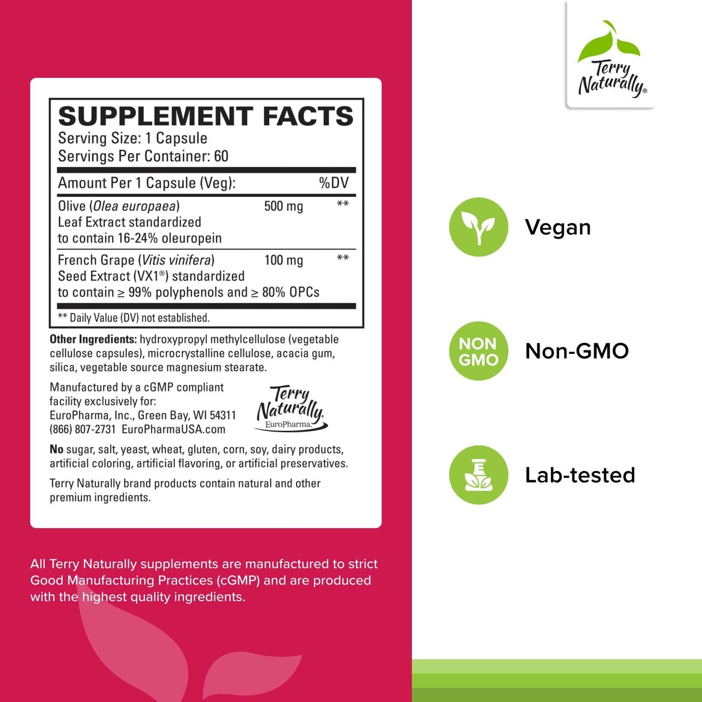 Terry Naturally Blood Pressure Health - Healthy Blood Flow & Circulation Support Supplement - Heart Health Supplement with Antioxidants - Cardiovascular Support - 60 Capsules Terry Naturally
