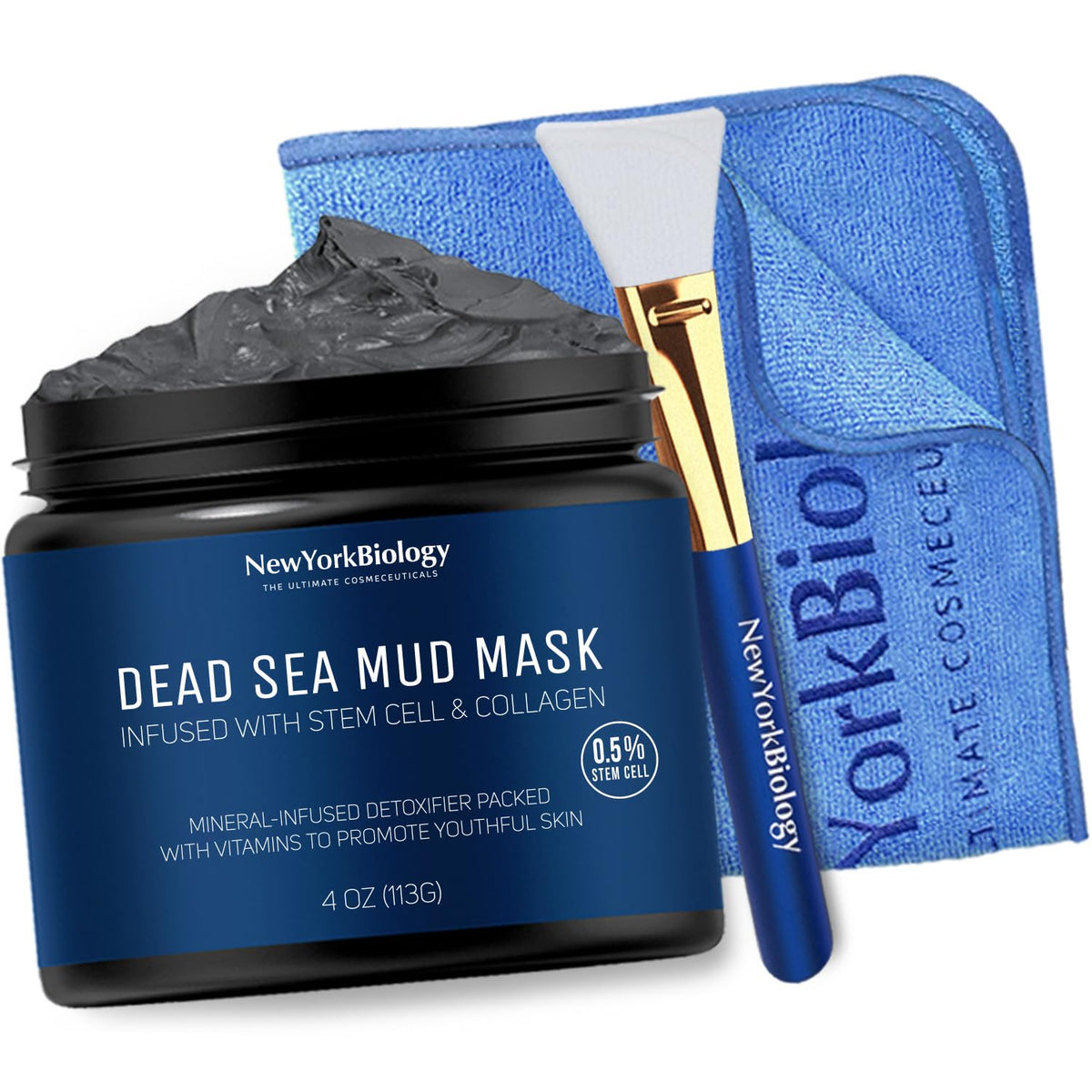 New York Biology Dead Sea Mud Mask for Face & Body | with Stem Cell and Collagen | Face Mask, Brush Applicator, Towel | Spa Quality Pore Refiner for Oily Skin NEW YORK BIOLOGY THE ULTIMATE COSMECEUTICALS