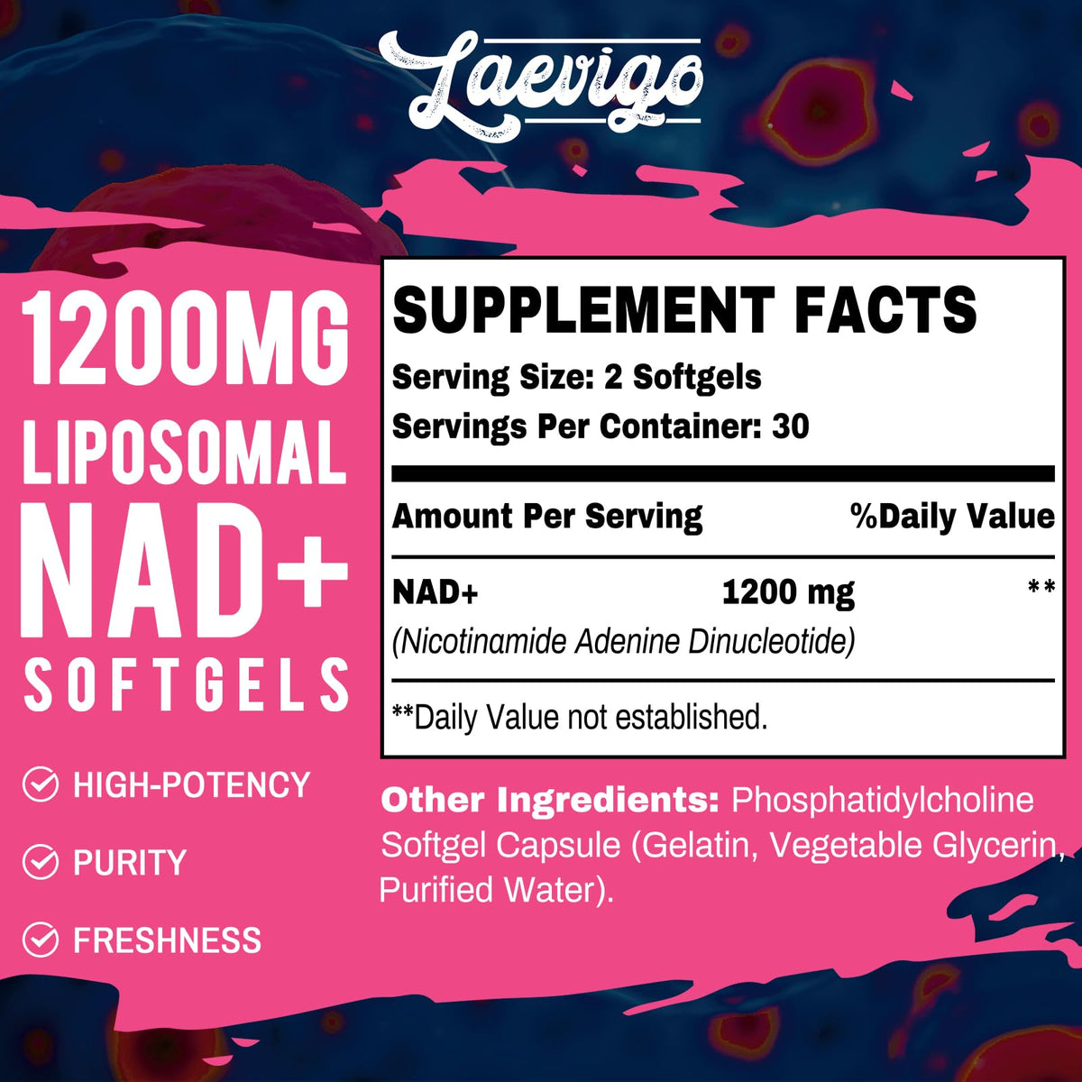 Laevigo Liposomal NAD+ Supplement 1200mg High Absorption, Cellular Energy & Mitochondrial Support, NAD Plus for Longevity & Vitality, Anti-Aging Formula, 60 Softgels Laevigo