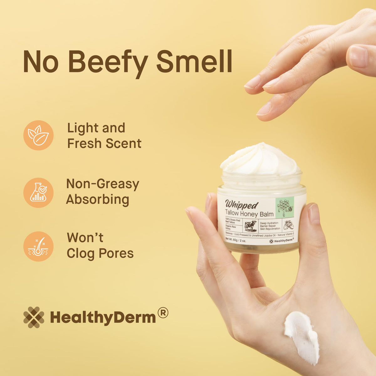 Beef Tallow Honey Balm for Skin: 100% Grass Fed Whipped Organic Moisturizer with Organic Raw Honey, Jojoba Oil, Vitamin E – Natural Face and Body Care for Mature, Dry or Sensitive Skin, 2oz HealthyDerm