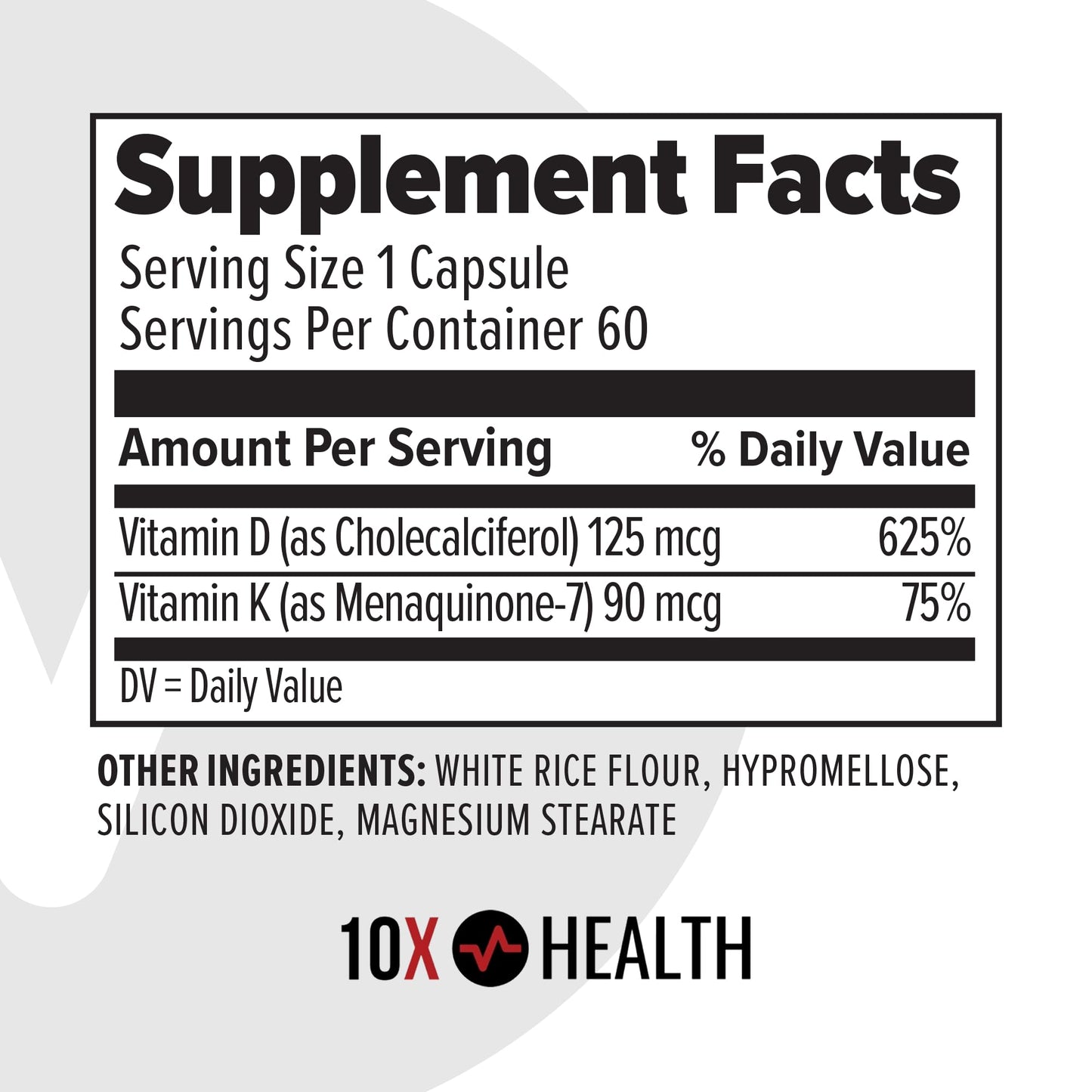 10X Health Vitamin D3 5000 IU & K2 MK7 - Menaquinone 7, High-Potency D3 K2 Vitamin Supplement for Bone Health, Heart and Teeth - 125 mcg Vitamin D & 90 mcg Vitamin K2-60 Capsules 10X Health System