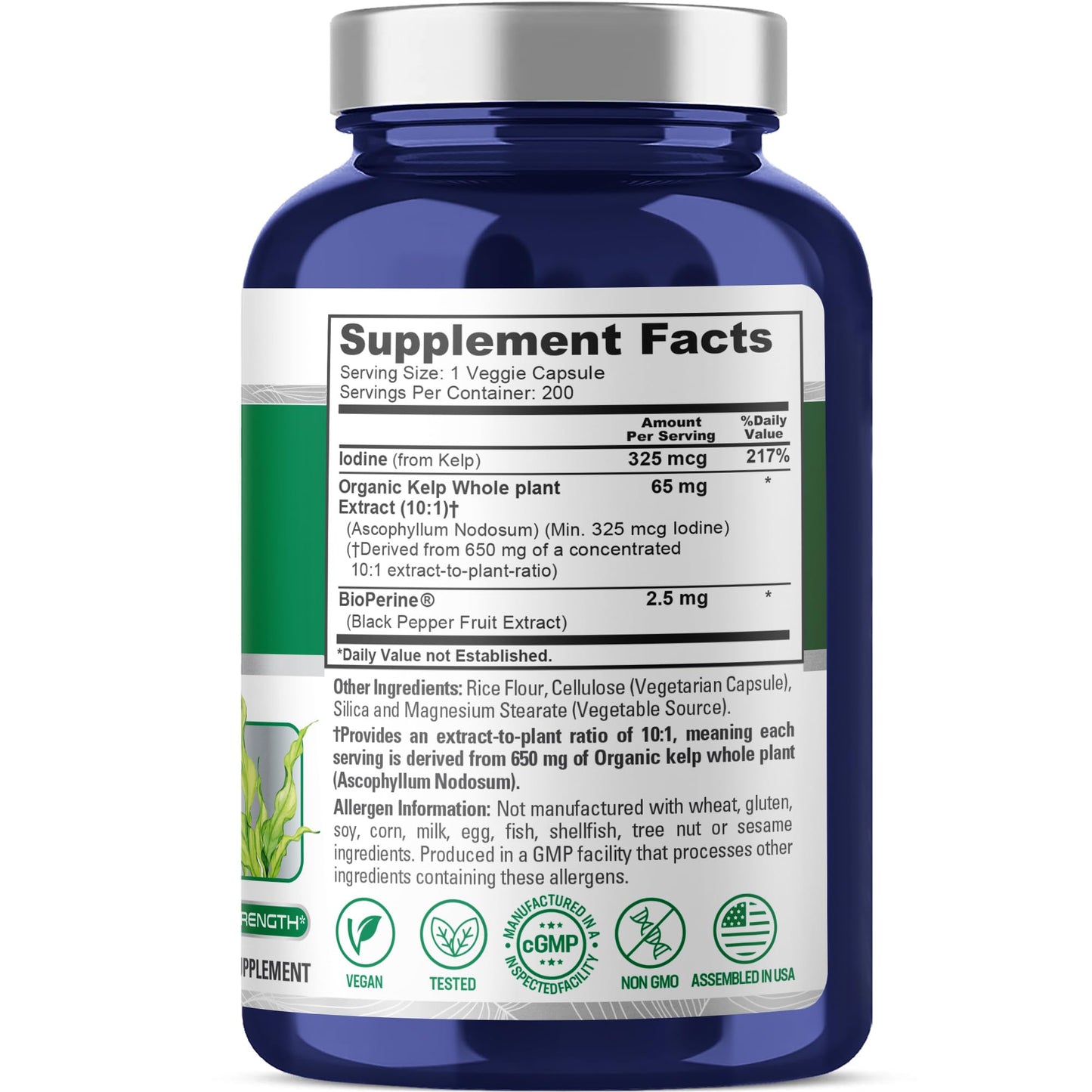 NusaPure Sea Kelp Natural Iodine 325mcg 10:1 Extract, 65 mg Equivalent to 650 mg Capsule 200 Count (Non-GMO, Vegan) NusaPure