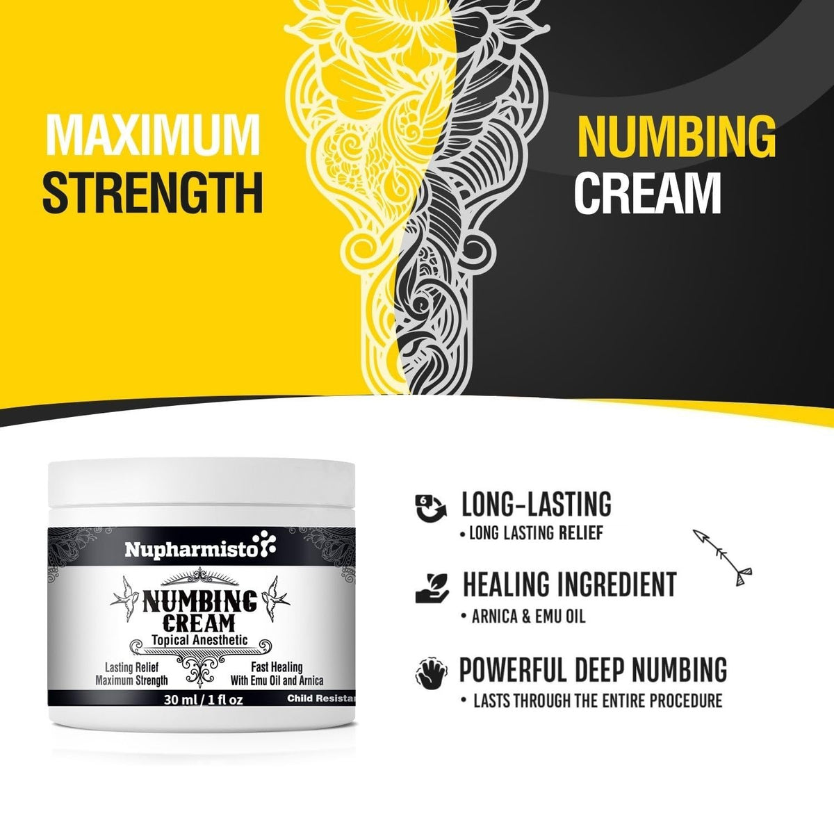 Nupharmisto Numbing Cream Maximum Strength : Long Lasting Numbing Cream with 5X Numbing - Emu Oil and Arnica 30 ml / 1 fl oz Nupharmisto
