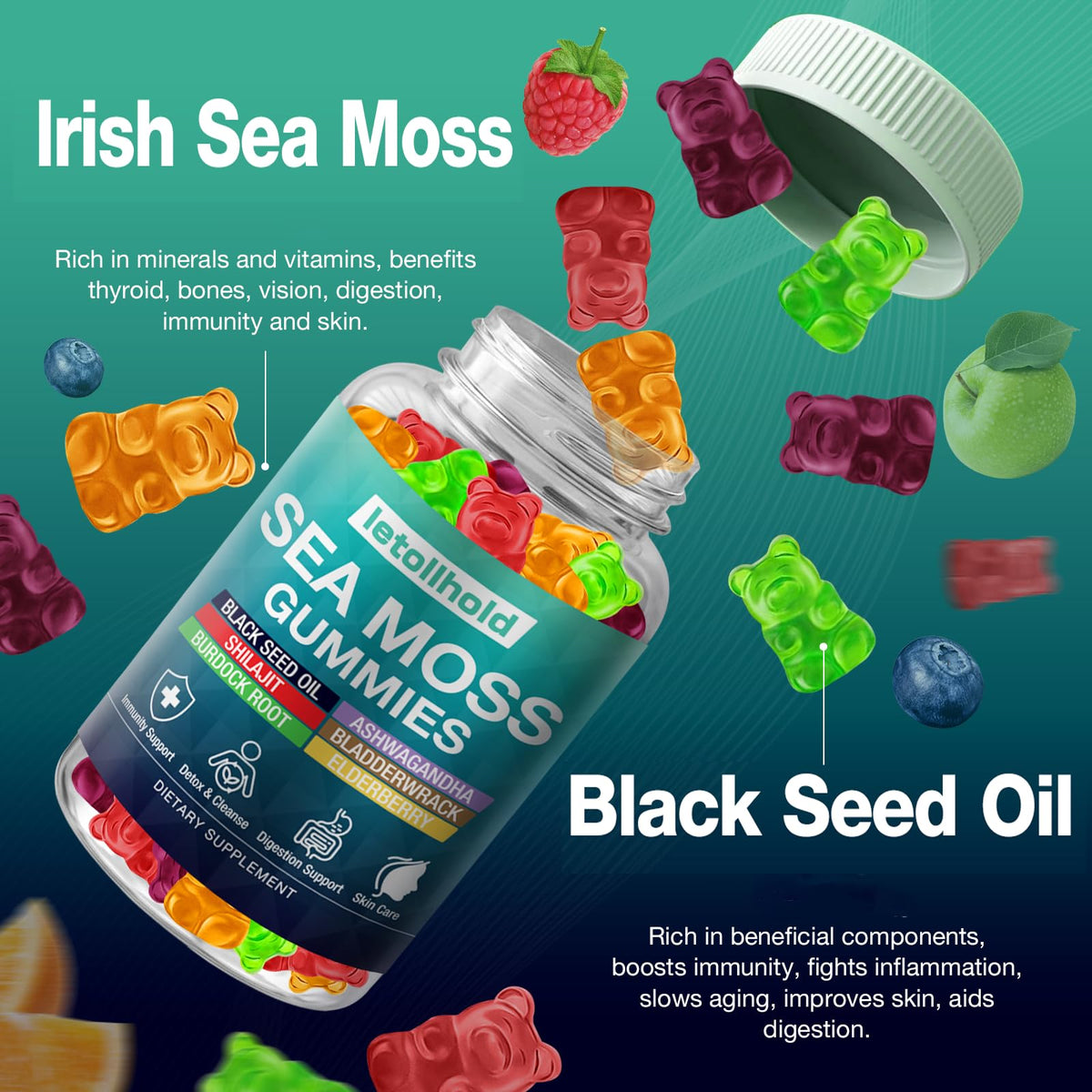 Sea Moss Gummies - Irish Sea Moss Gummies Advanced for Adults with Ashwagandha Bladderwrack & Burdock Root for Supports Immune,Energy - 60 Vegan Gummy,5PCS letollhold