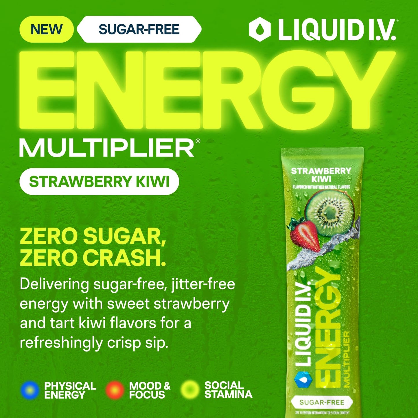 Liquid I.V.® Hydration Multiplier Sugar Free + Energy - Strawberry Kiwi | Electrolyte Powder Drink Mix | 1 Pack (14 Servings) Liquid I.V.