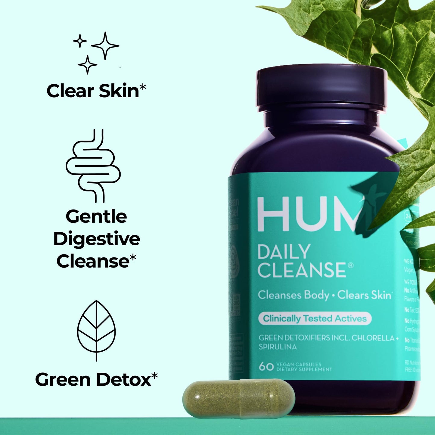HUM Daily Cleanse Acne Supplements for Women & Men, Gentle Digestive Cleanse for Clear Skin Support, Zinc, Spirulina, Chlorella, Detoxifying Herbs, Organic Algae, Skin Vitamins Supplement, 60 Capsules HUM