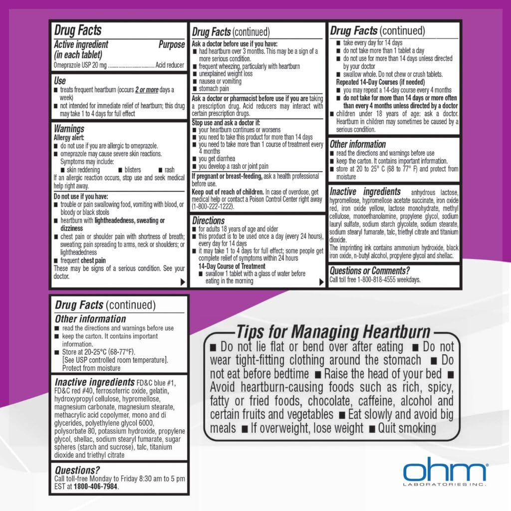 Ohm Omeprazole Delayed-Release Tablets, 20mg Acid Reducer, Treats Frequent Heartburn (12 Weeks of Supply, 84, Count) Ohm