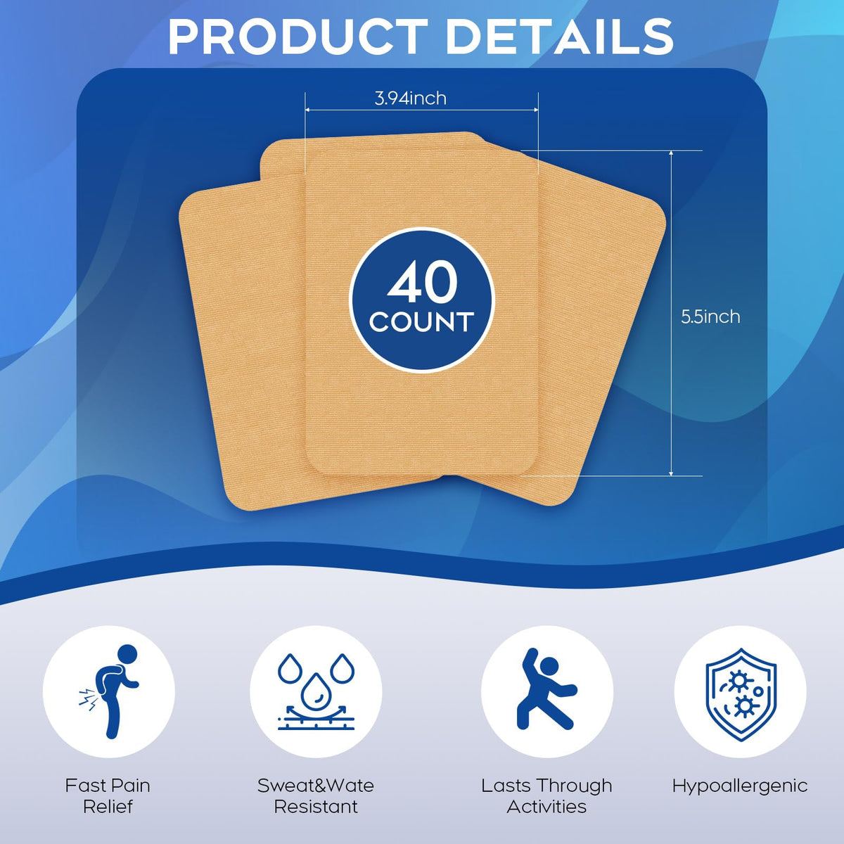 Uposiut Lidocaine Patches, Maximum Strength Lidocaine Patches (40 Patches), for Muscle Pain Relief in The Back, Shoulders, Neck, Knees, and Anks, 12 Hour Pain Relief-G002 Uposiut