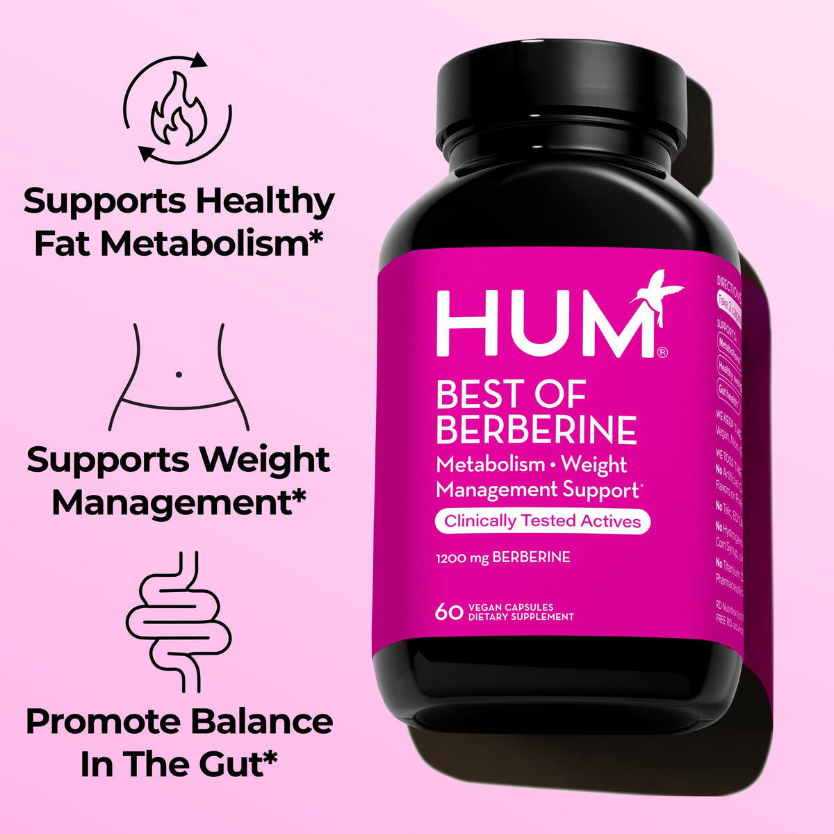 HUM Best of Berberine Supplement 1200mg, Pure Potency for Metabolic Wellness, Gut Health, Pure Berberine Supplements Enhanced HUM