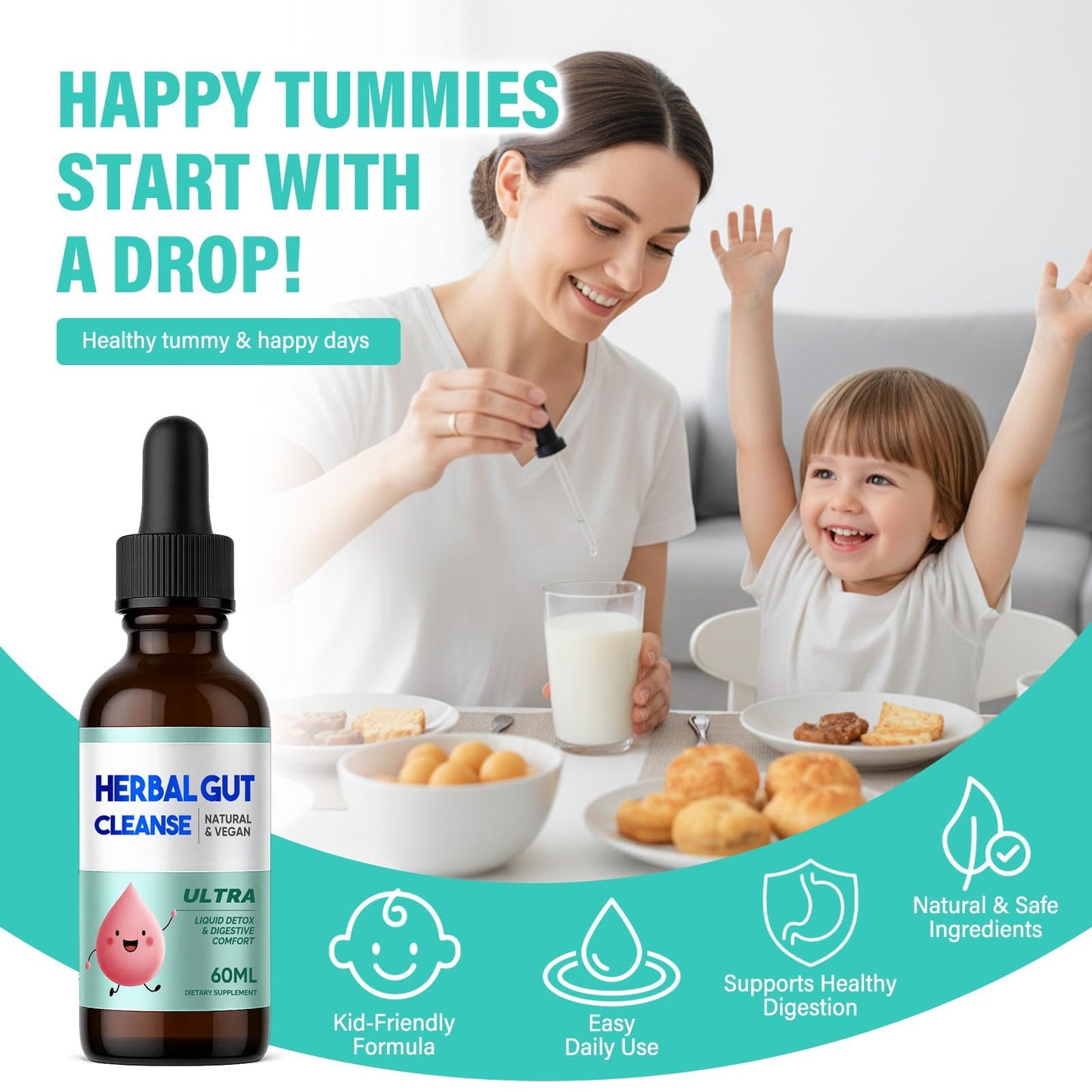 Kids Herbal Gut Cleanse Drops, Parasite Cleanse for Humans Liquid with Wormwood, Black Walnut & Probiotics, Supports Digestive & Overall Gut Health for Children (2 oz) HerbX