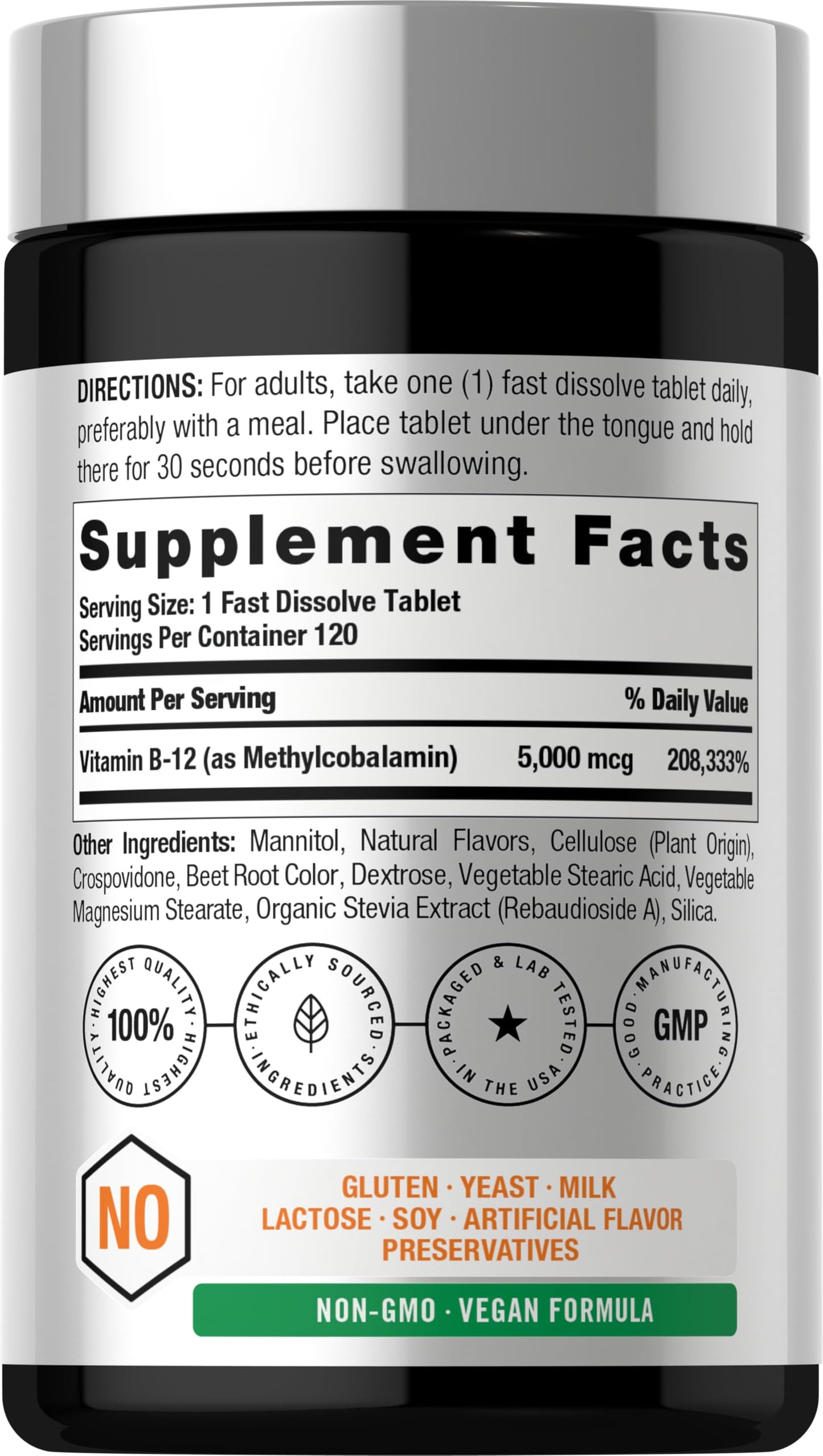 Horbäach B12 Vitamin 5000 mcg | 120 Fast Dissolve Tablets | Sublingual Methylcobalamin | Natural Berry Flavor | Vegan, Non-GMO Horbäach