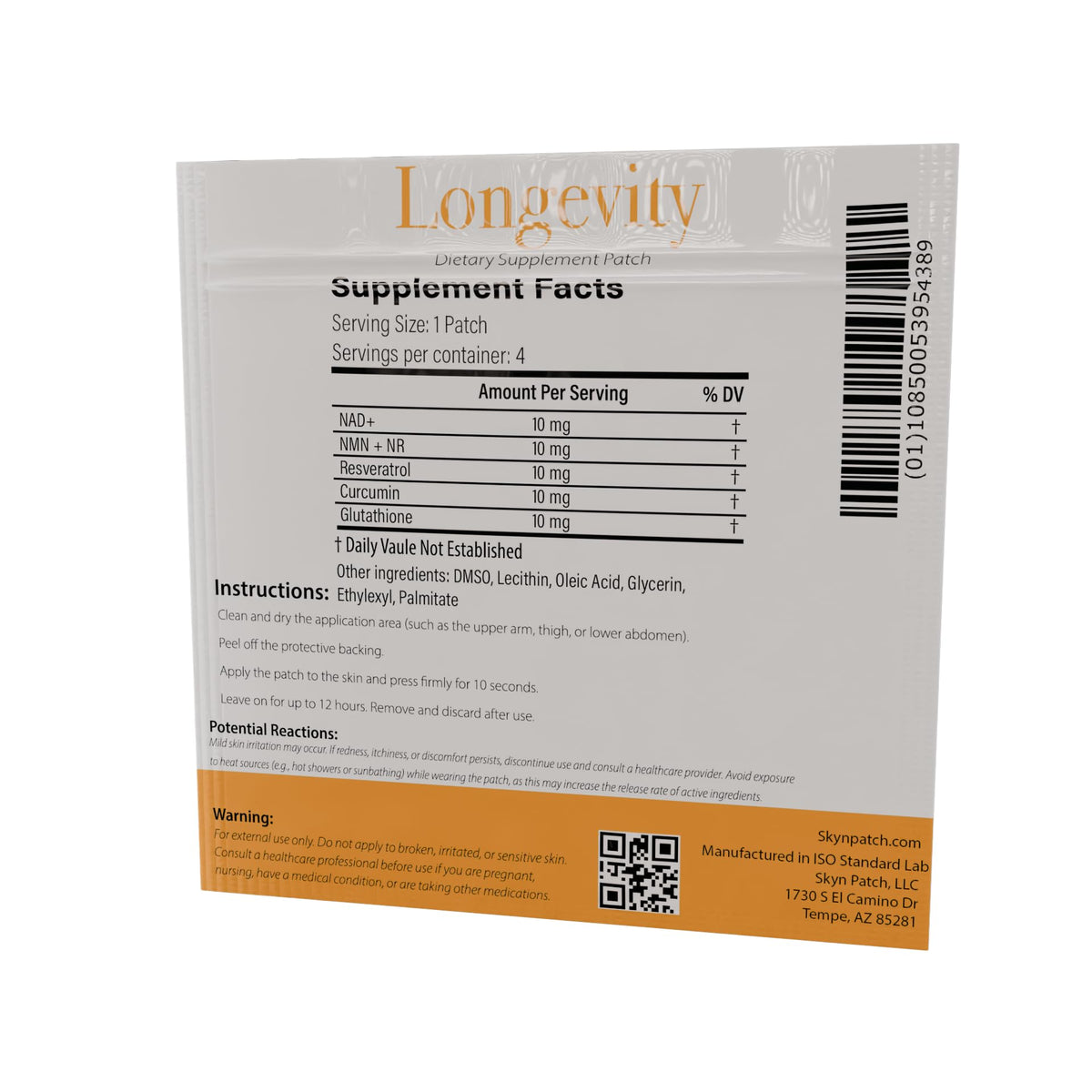 SkynPatch Longevity Transdermal Wellness Patch – NAD+, Resveratrol, Curcumin & Glutathione | Cellular Wellness + Antioxidant Support | 4 Patch Pack Skyn Patch