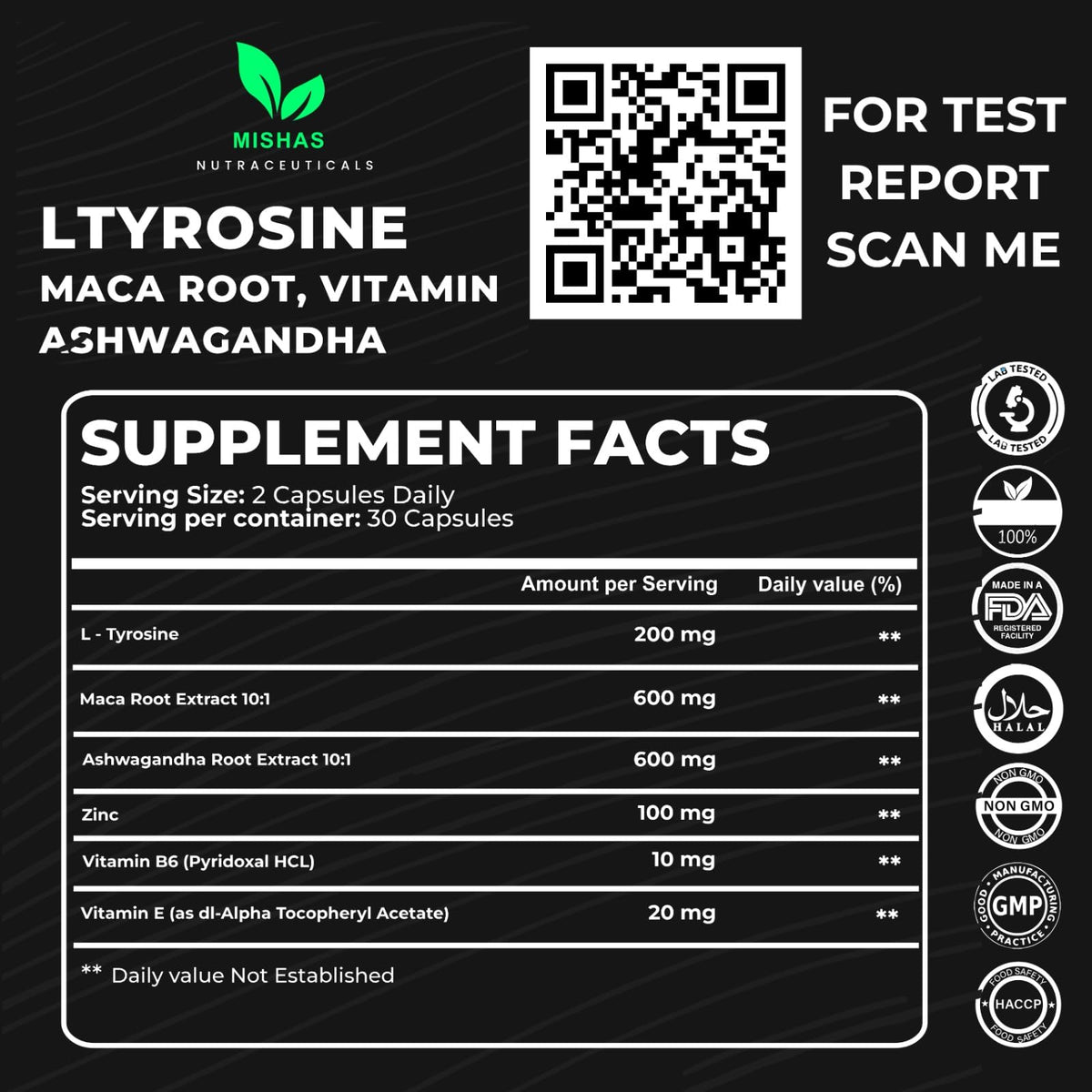 Mishas Nutraceuticals L-Tyrosine with Maca Root, Ashwagandha & Vitamins Complex – Energy, Mental Focus, Stress Relief & Immunity Support – 60 Capsules (30 Servings) Mishas