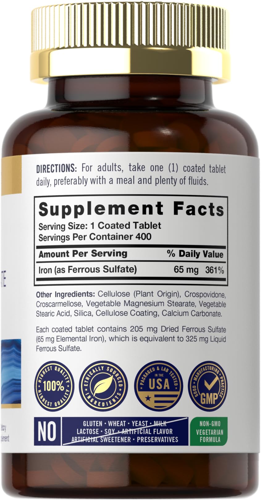 Carlyle Iron Ferrous Sulfate 325mg, 65 mg | 400 Tablets | Non-GMO, Gluten Free, and Vegetarian Supplement | High Potency Carlyle