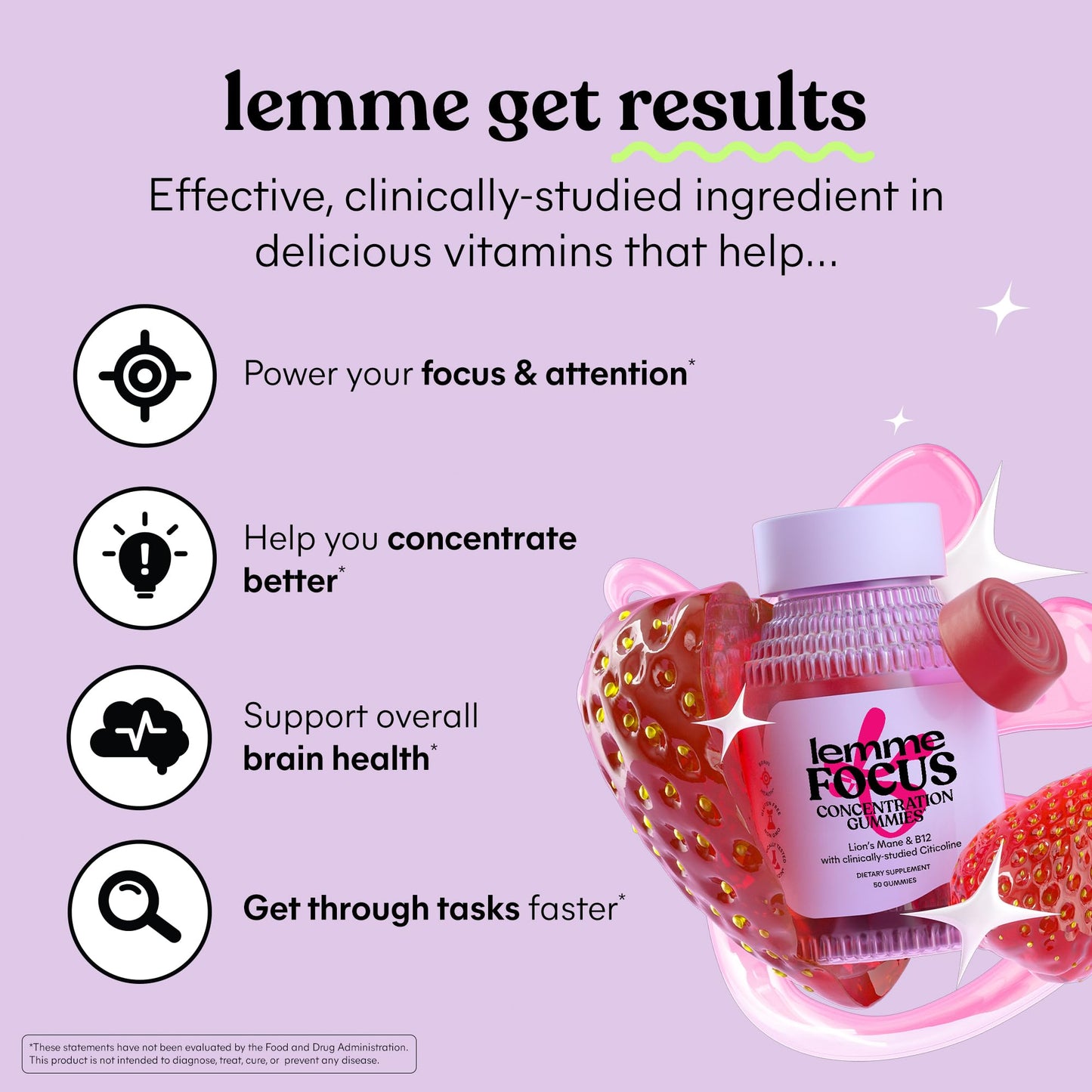 Lemme Focus Concentration & Brain Health Gummies with Cognizin Citicoline, Lion's Mane Mushroom, Vitamin B12 to Support Focus + Concentration Lemme