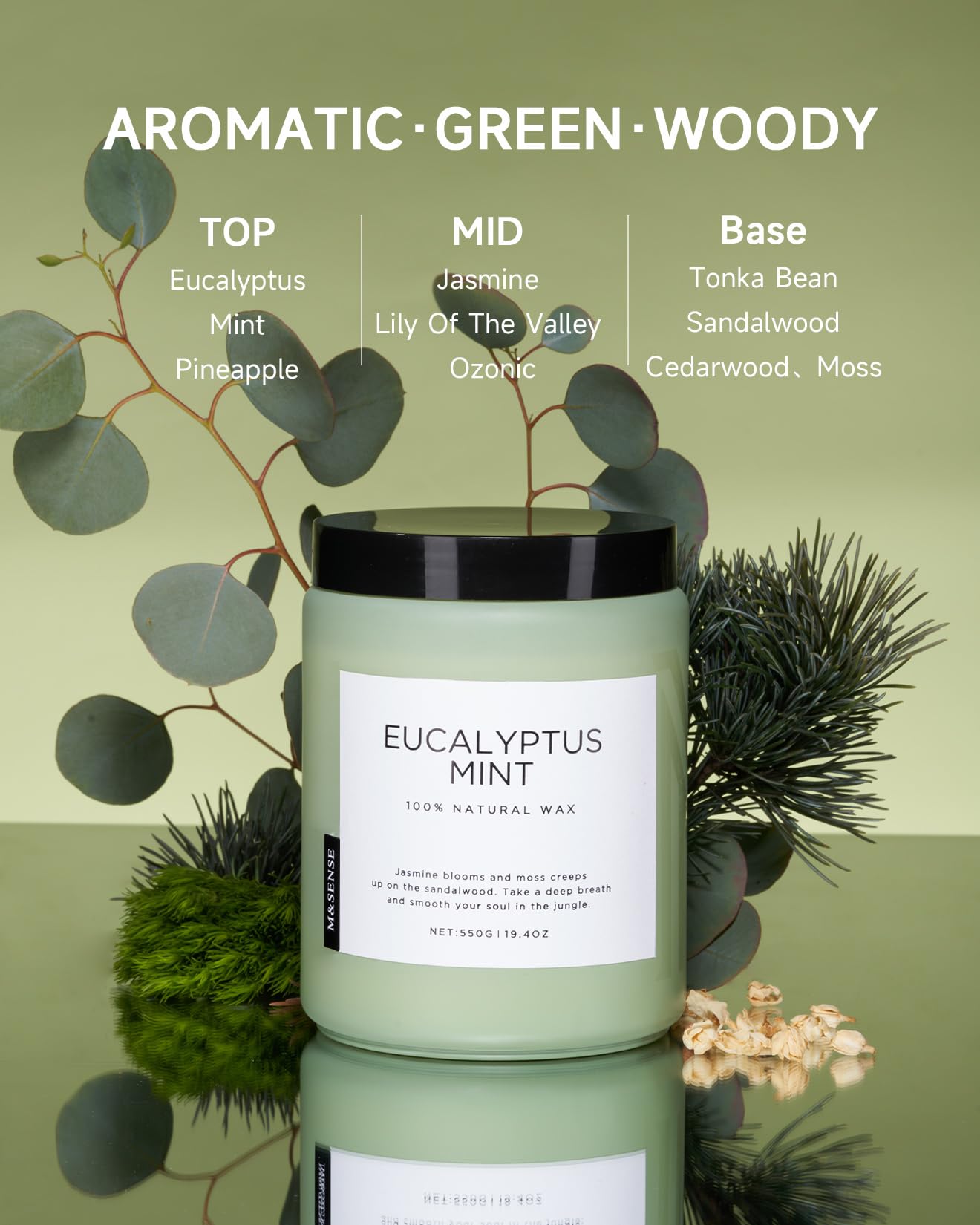 M&SENSE Eucalyptus Mint Candles for Home Scented, 19.4oz 110 Hours Burn Soy Aromatherapy M&SENSE