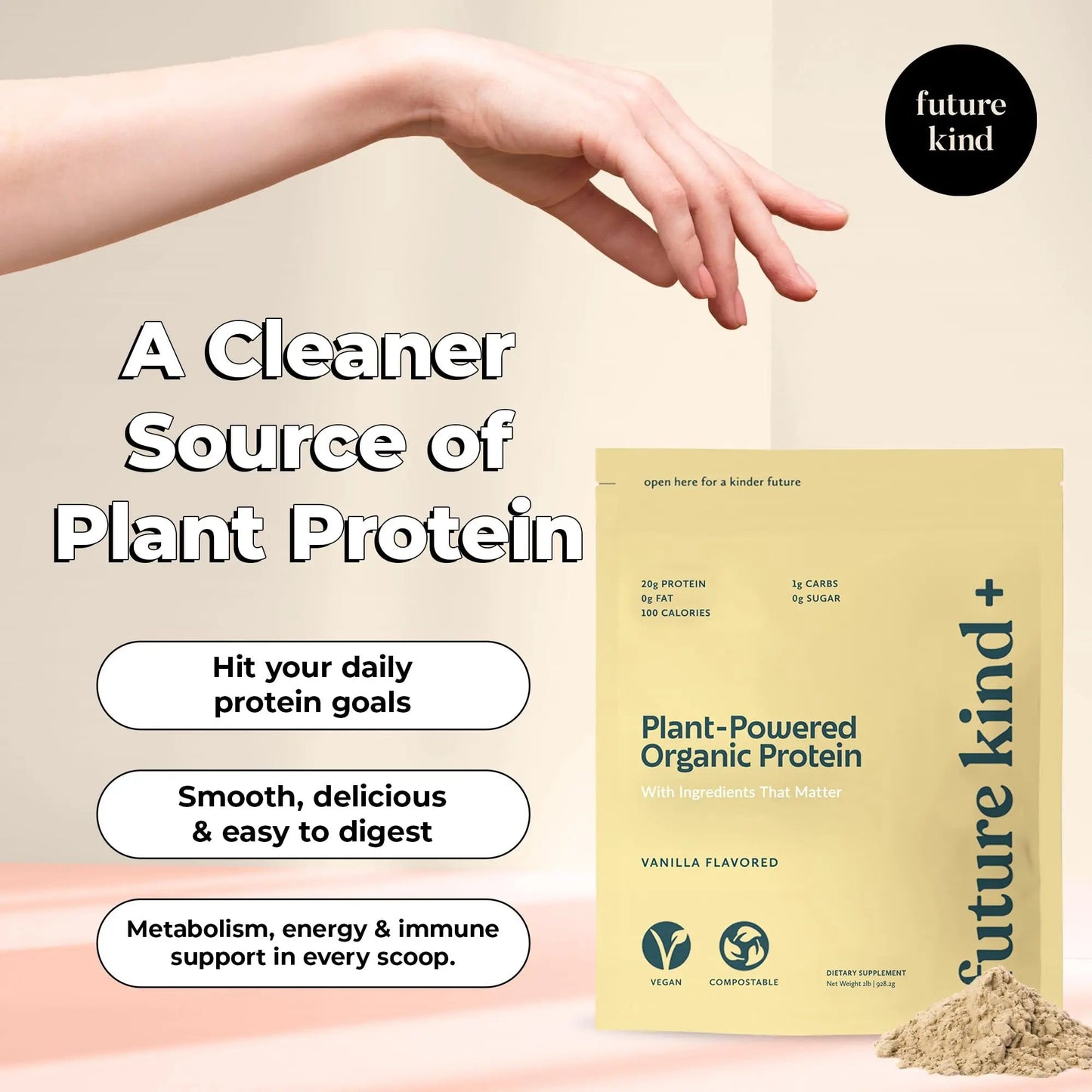 Future Kind Vegan Protein Powder, Vanilla, Pea Plant Protein for Lean Muscle with Iron & Fiber, Whey-Free, Sugar-Free, Soy-Free, Non-Dairy (34 Servings) Future Kind