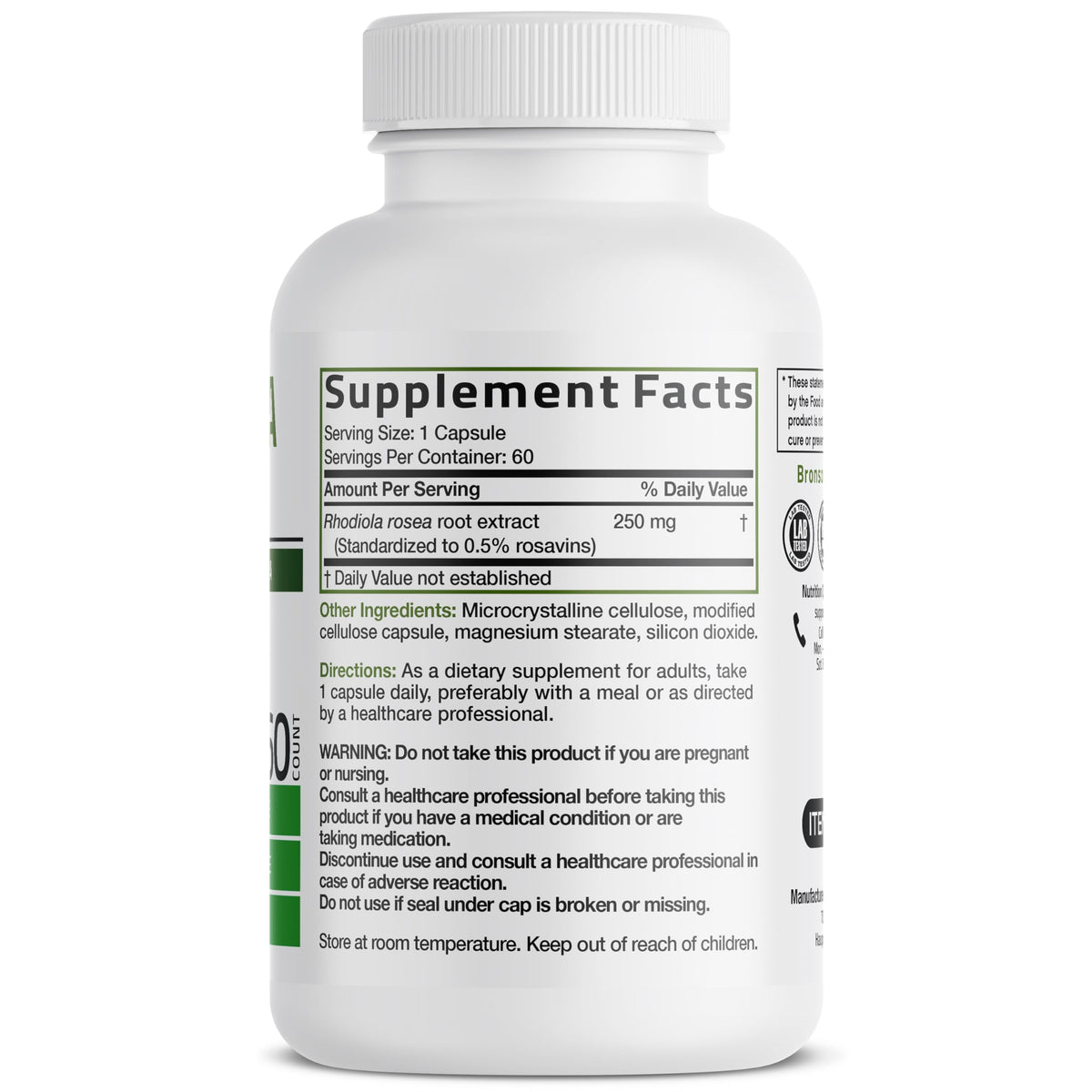 Bronson Rhodiola Rosea Vegetarian Capsules - Adaptogenic Herb - Brain, Stress & Mood Support - Non-GMO, 60 Count Bronson