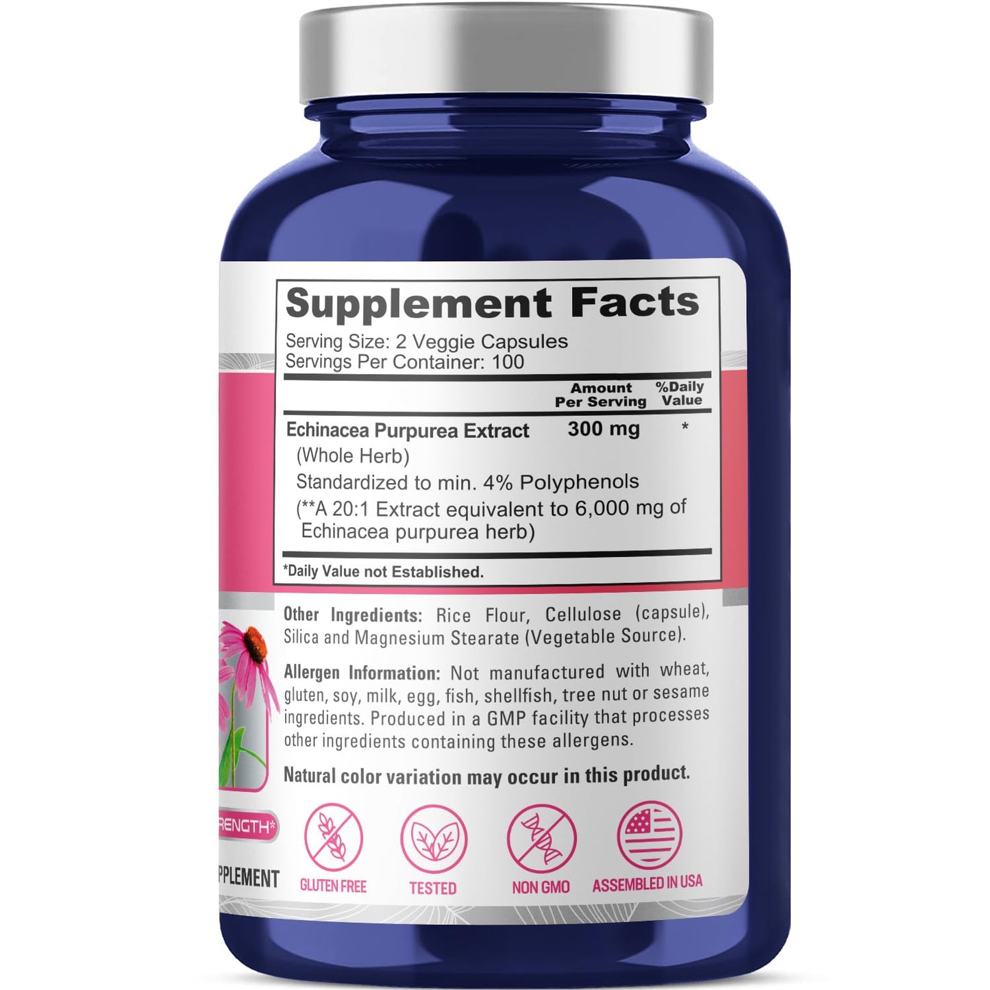 NusaPure Echinacea 20:1 Extract, 300 mg Equivalent to 6,000mg 200 Veggie Caps, Vegan, Non-GMO, Gluten Free Supplement NusaPure