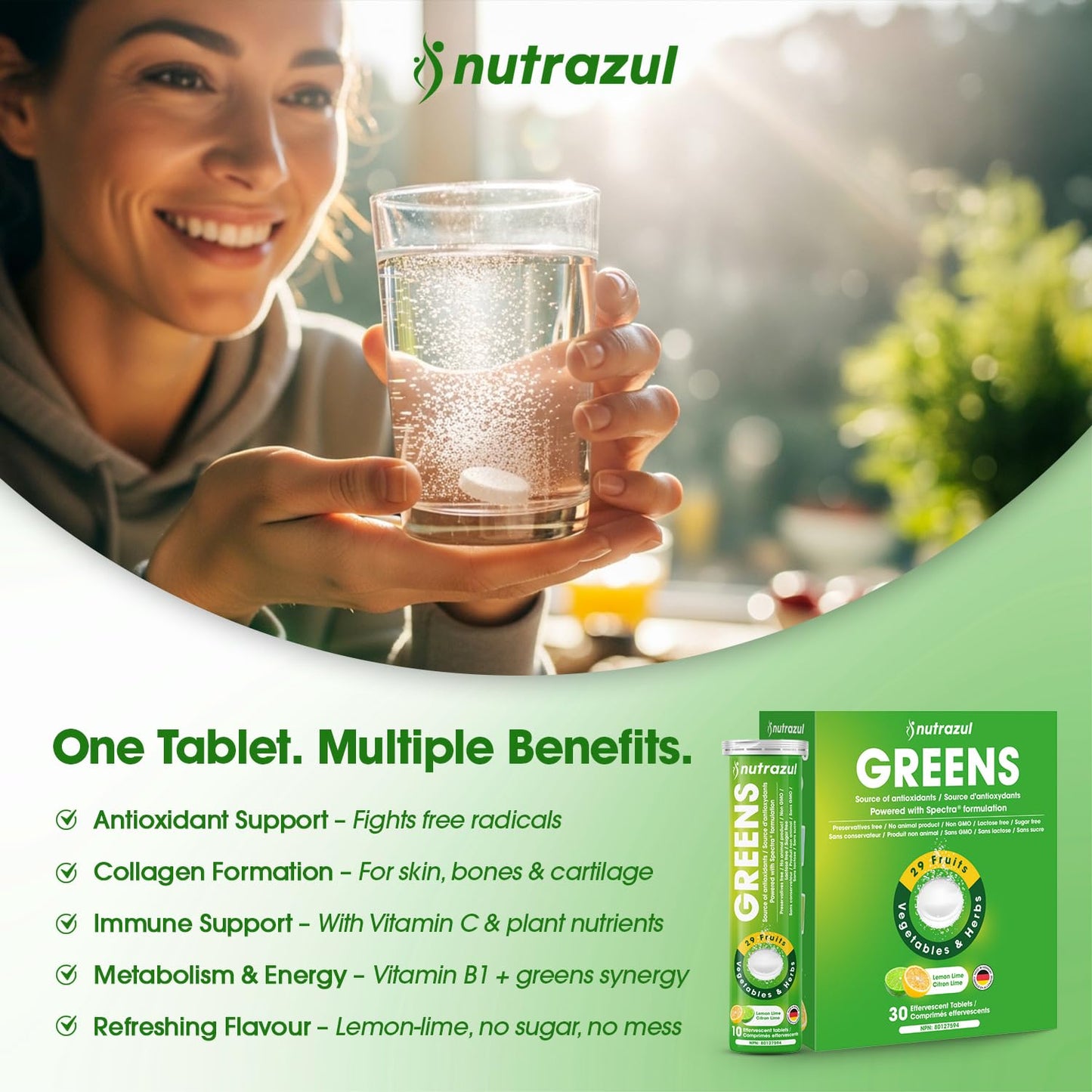 nutrazul Greens Effervescent Tablets - Daily Super Greens Supplement with 29 Superfoods - Antioxidant & Immune Support - Lemon Lime Flavor - Non-GMO - 30 Tablets nutrazul