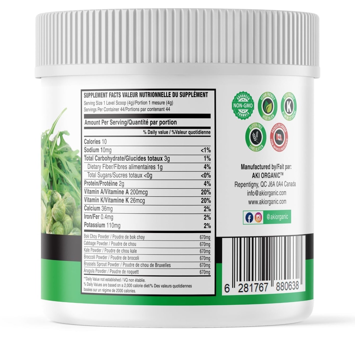 AKI Cruciferous Superfood Green Mix Powder - Made from Kale, Broccoli, Brussels Sprouts, Cabbage - Packed with Essential Phytonutrients & Vitamins ((5.3oz/150g)) AKI ORGANIC
