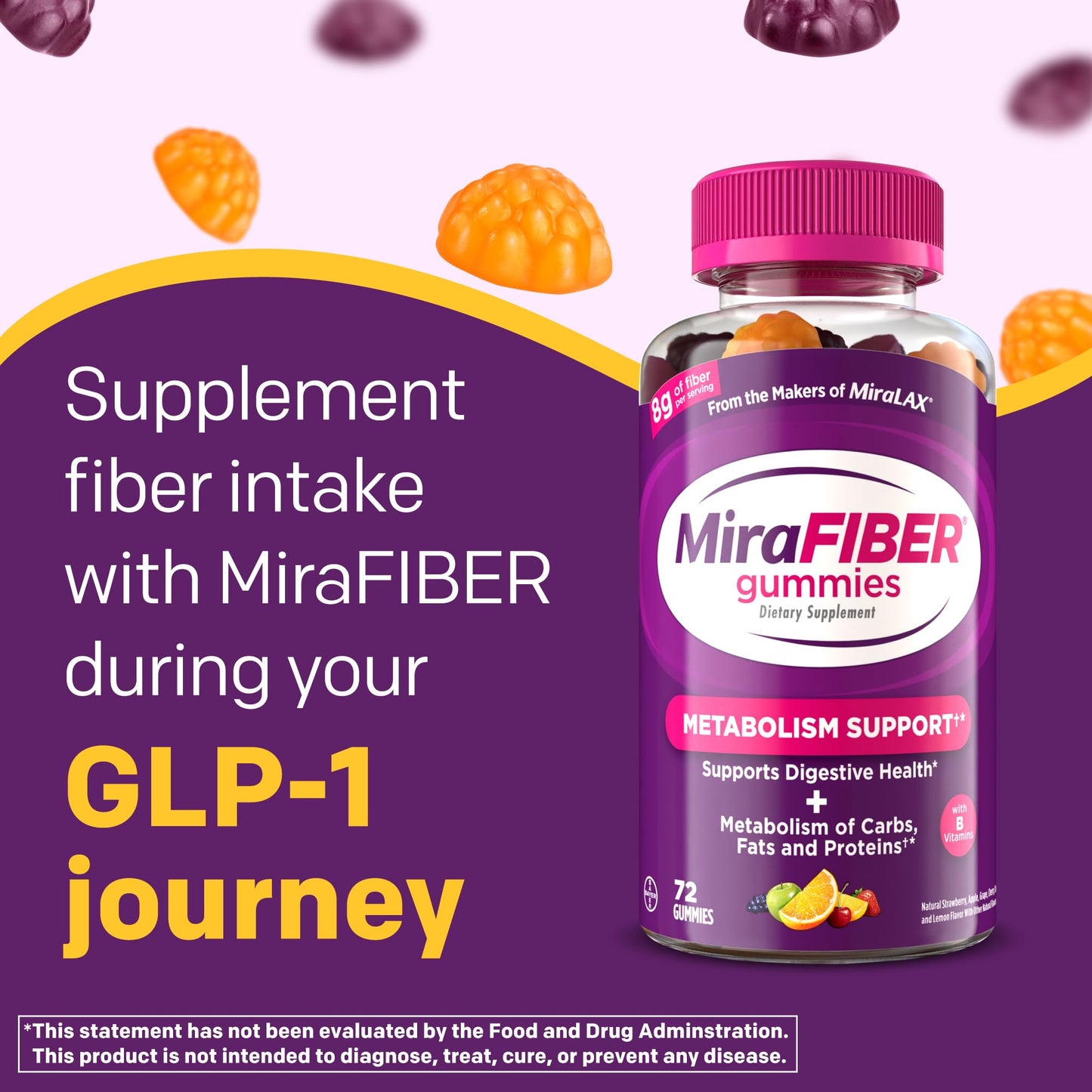 MiraFIBER Gummies from The Makers of MiraLAX, 8g of Daily Fiber Per Serving, Metabolism Support with B Vitamins, Gut Health for Men & Women MiraLAX