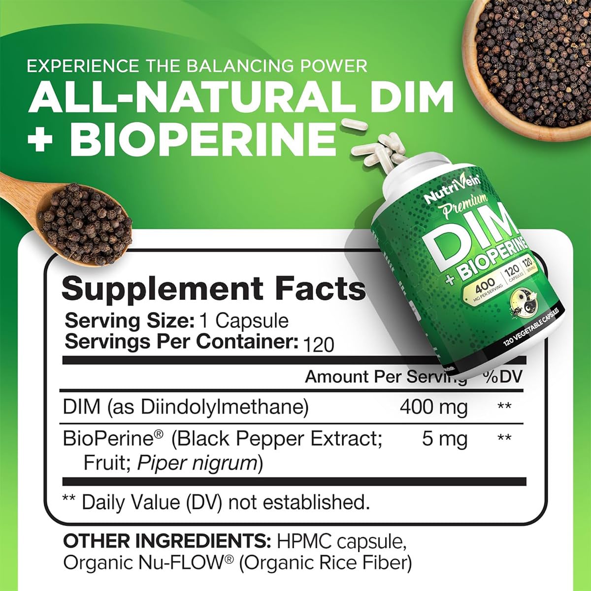 Nutrivein Premium DIM Supplement 400 mg Daily - 120 Servings (120 Capsules): Diindolylmethane for Women and Men - Plus Bioperine - Estrogen Supplement - Menopause and Middle Age Support Nutrivein