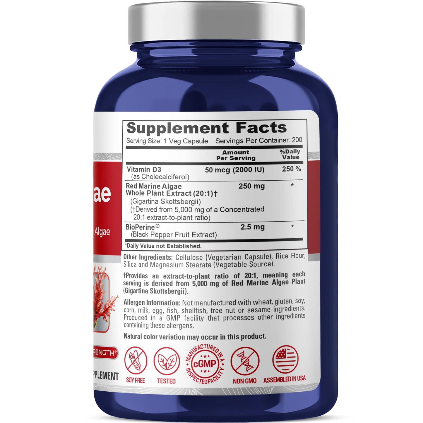 NusaPure Red Marine Algae 20:1 Extract, 250 mg Equivalent to 5,000 mg 200 Veggie Capsules (Non-GMO & Soy Free) Bioperine NusaPure