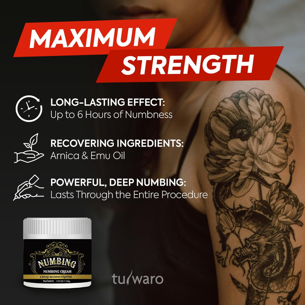 tuiwaro Numbing Cream Extra Strength: Relief Long Lasting & Fast-Absorbing with Emu Oil and Arnica — Non-Greasy 50 mL tuiwaro