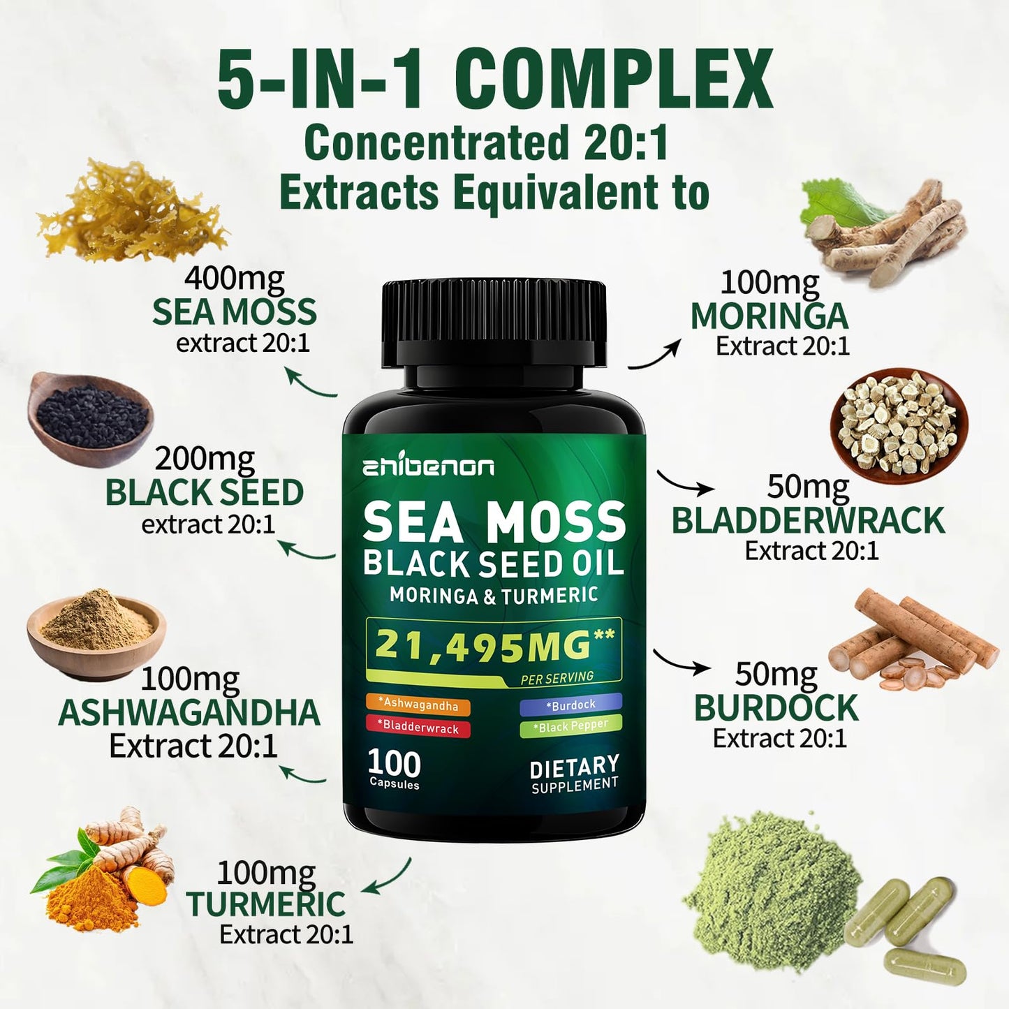 Zhibenon Sea Moss Capsules with Bladderwrack & Burdock - 50 Day Supply - Powerful Formula with Black Seed Oil, Ashwagandha, Turmeric, Vitamin C, Vitamin D3, Moringa & Black Pepper Extract Zhibenon