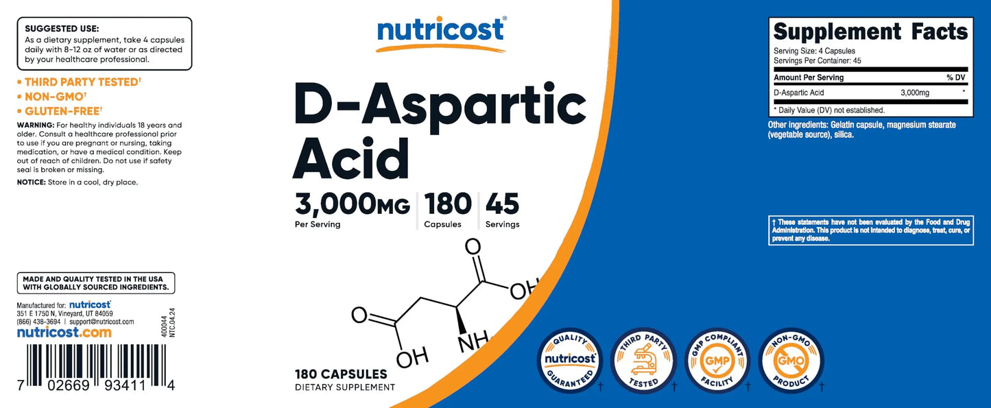 Nutricost D-Aspartic Acid (DAA) Capsules 3000mg Per Serving (180 Capsules) - Non-GMO Nutricost
