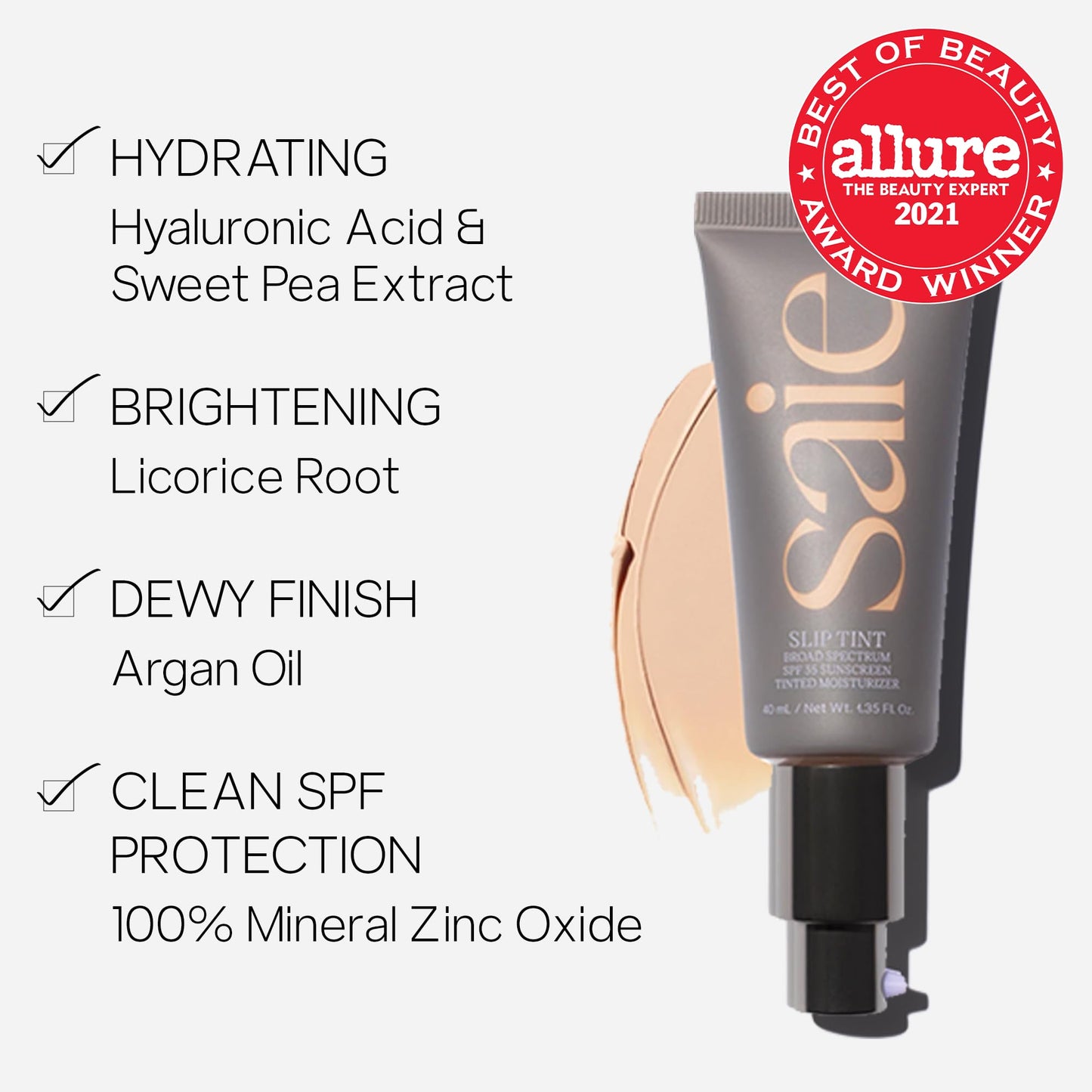 Saie Slip Tint Tinted Moisturizer with SPF 35 - Light Coverage, Glowy Skin Tint & Mineral Sunscreen for Face with Hydrating Hyaluronic Acid - Summer Makeup Essential - Shade Three + Half (1.35 oz) Saie