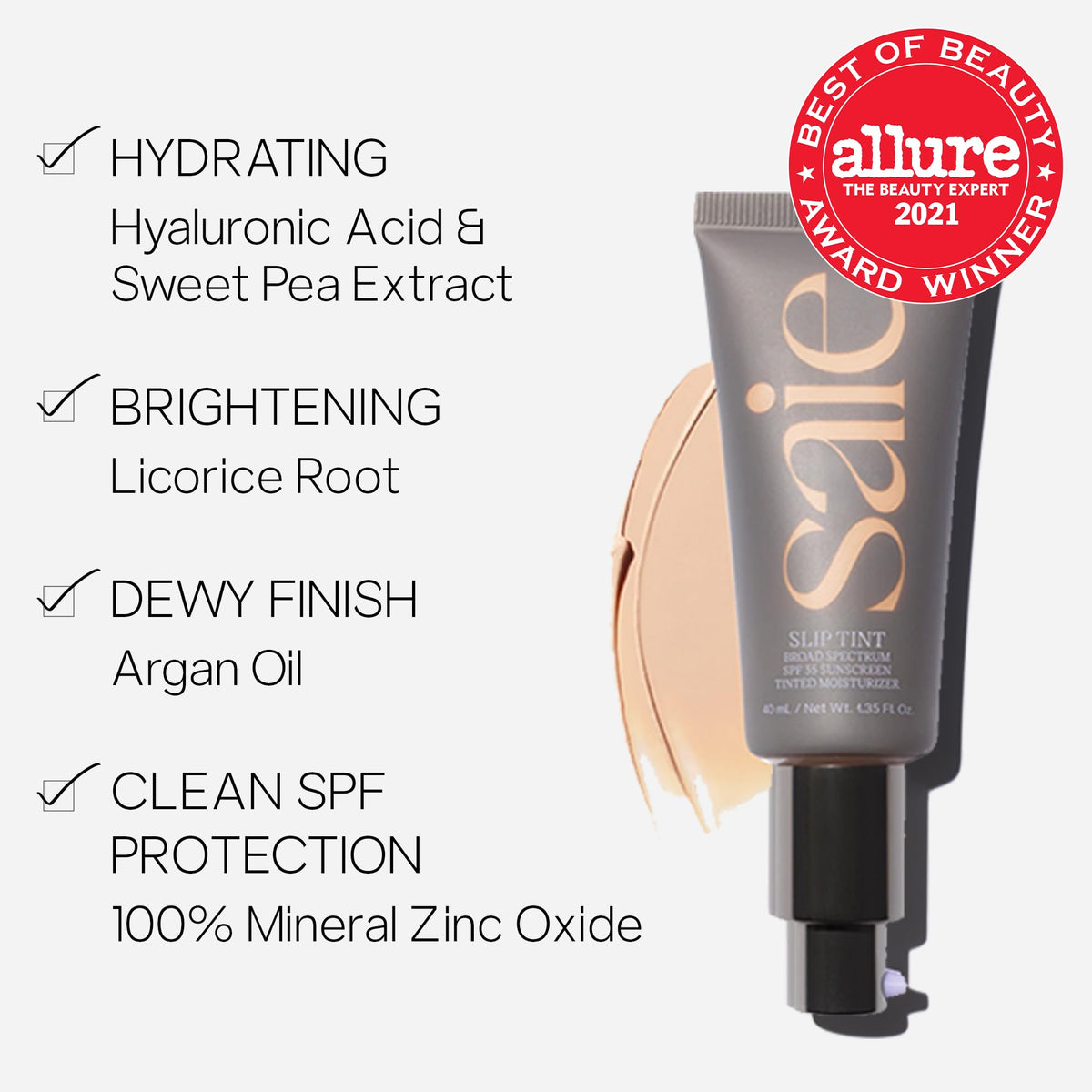 Saie Slip Tint Tinted Moisturizer with SPF 35 - Light Coverage, Glowy Skin Tint & Mineral Sunscreen for Face with Hydrating Hyaluronic Acid - Summer Makeup Essential - Shade Three (1.35 oz) Saie