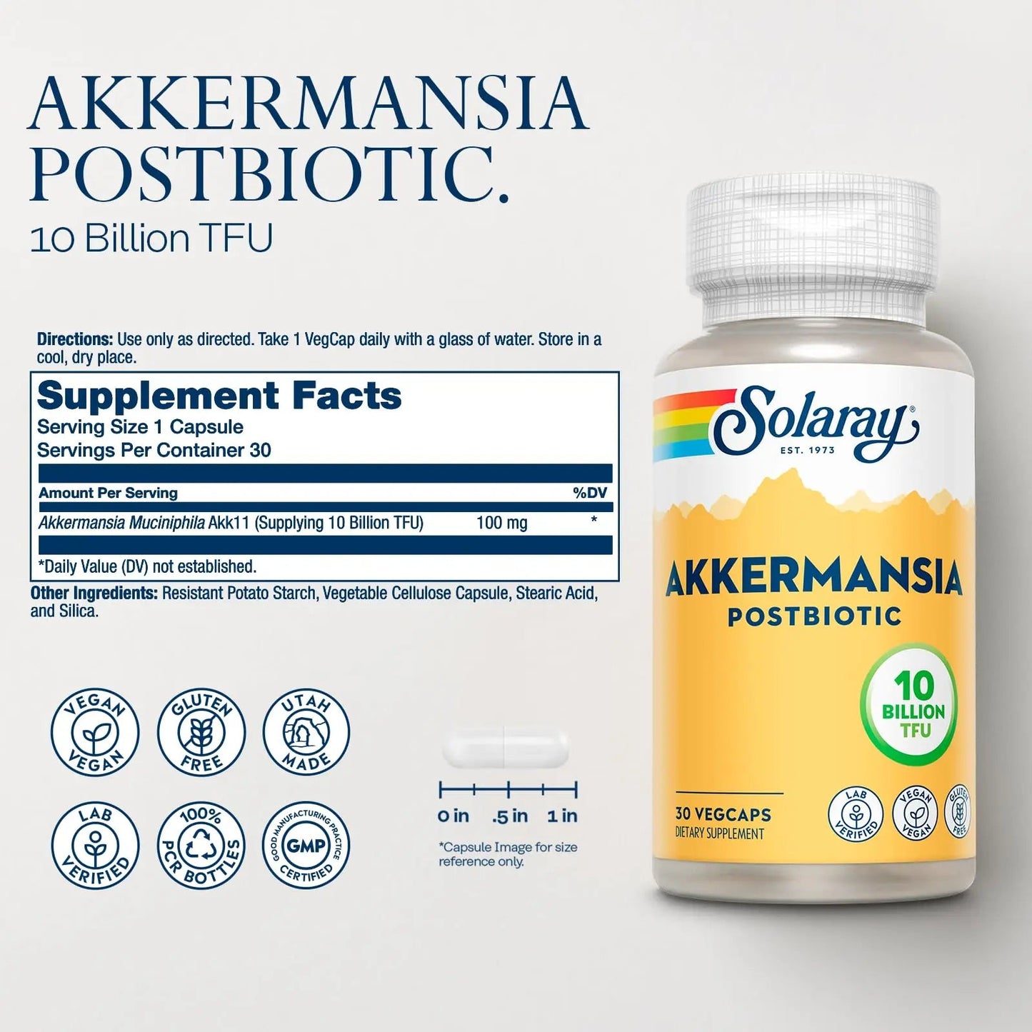SOLARAY Akkermansia Postbiotic, Akk11, 10 Billion TFU, Beneficial Strain for Gut Health Support, Vegan, Gluten-Free, 60-Day Guarantee, 30 Servings, 30 VegCaps SOLARAY