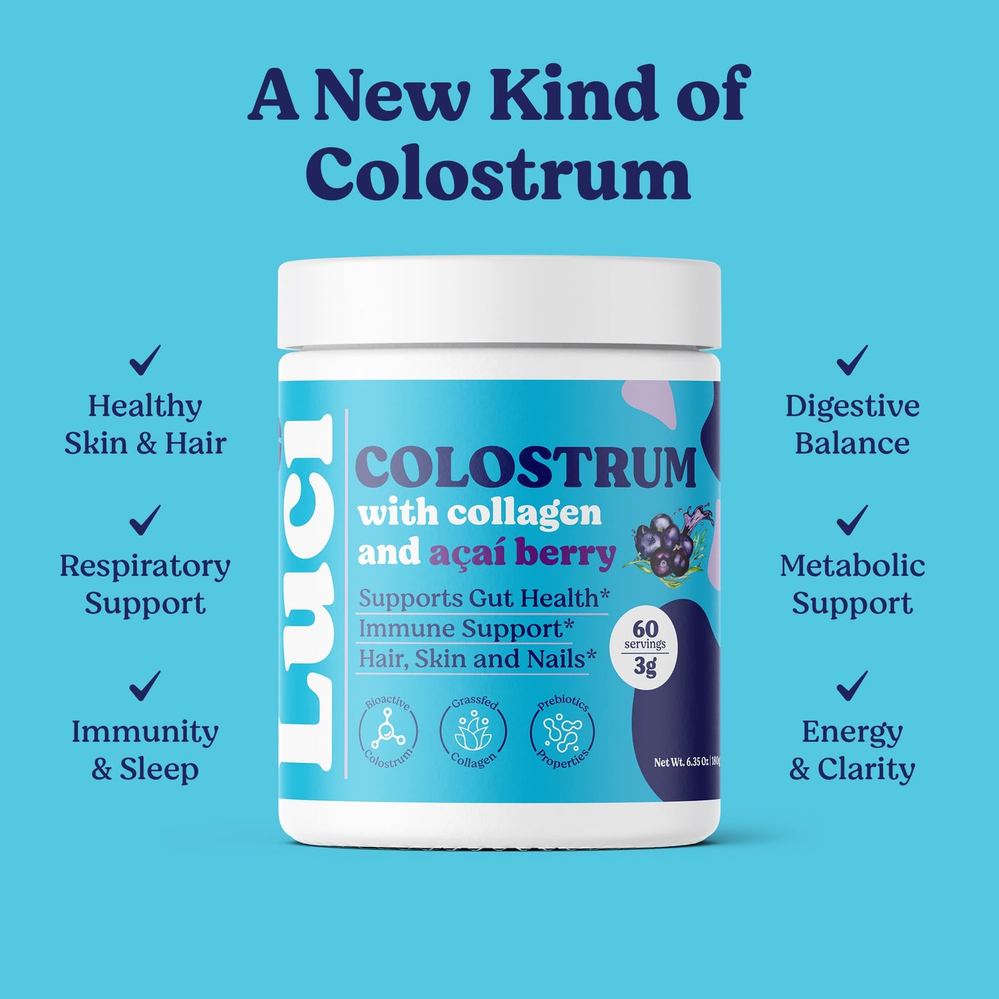 Luci Colostrum Powder 60 Servings, 3 in 1 with Collagen Peptides and Acai, Bovine Colostrum for Gut Health, Bloating, Collagen Protein for Muscle, Skin, Hair, Nails and Immunity, Gluten & Fat Free Luci Nutrition