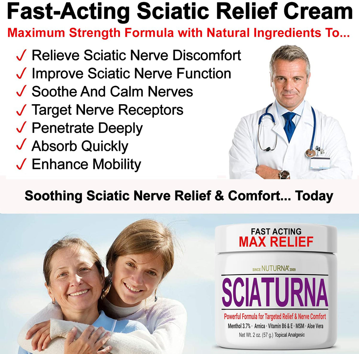 Sciatica Nerve Cream - Maximum Strength Comfort Cream for Feet, Hands, Legs, Toes, Back - Natural Ultra Strength Arnica, MSM, Menthol, Soothing Comfort, Large 4 Oz Nuturna