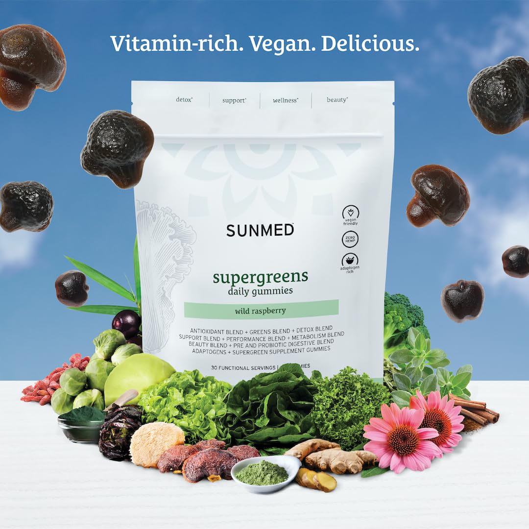 SUNMED Supergreens Daily Gummies – Wellness Blend with Ashwagandha, Green Tea, Spirulina, Probiotics, Antioxidants & Detox Support for Immunity, Gut, Skin & Brain Health | Wild Raspberry, 60ct SUNMED