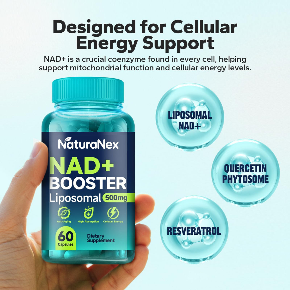 NaturaNex NAD+ Supplement 650mg (60 Capsules), Liposomal NAD+ with Resveratrol & Quercetin, Third-Party Tested, NMN Supplement Alternative NaturaNex