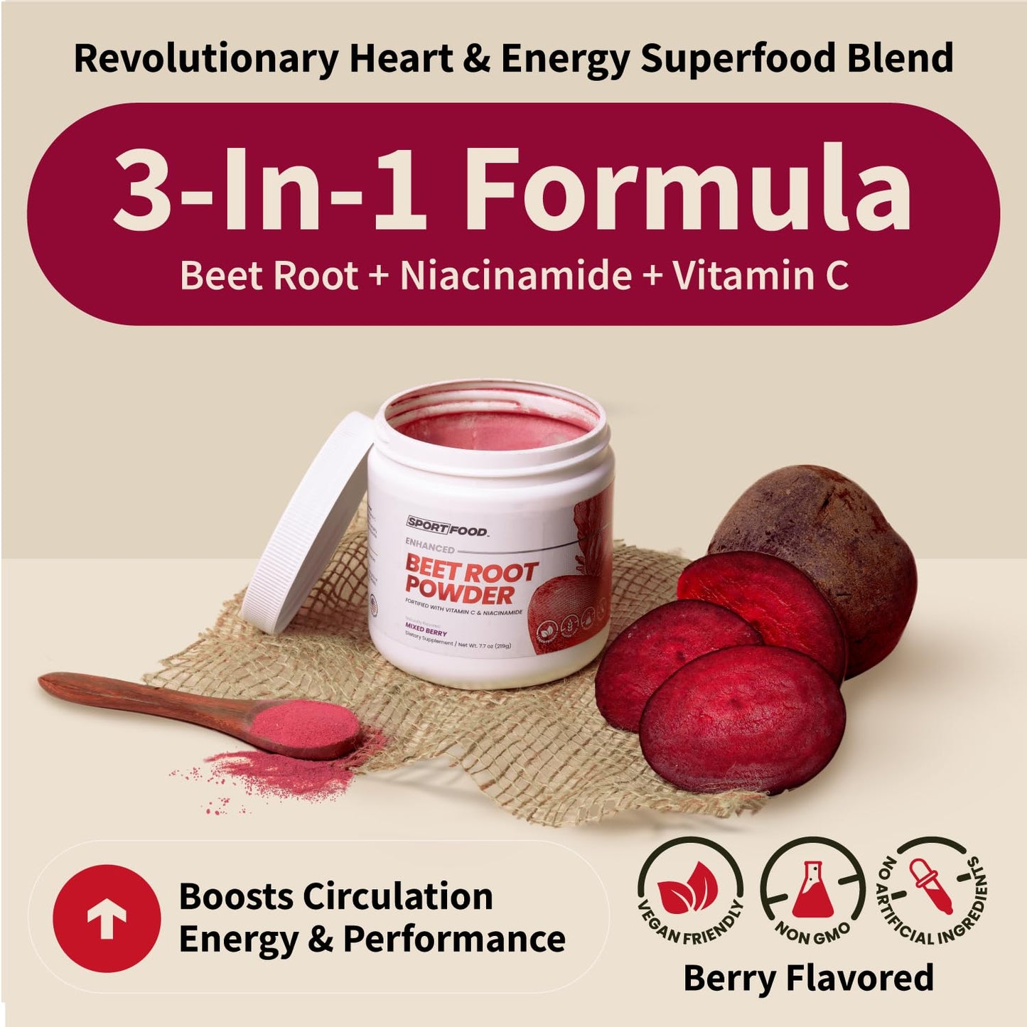SPORTFOOD Beet Root Powder with Niacinamide & Vitamin C - Superfood for Circulation, Energy, & Stamina | Vegan, Non-GMO, Nitric Oxide Boost for Pre-Workout & Heart Health | Mixed Berry Flavor | 7.7oz Sport Food