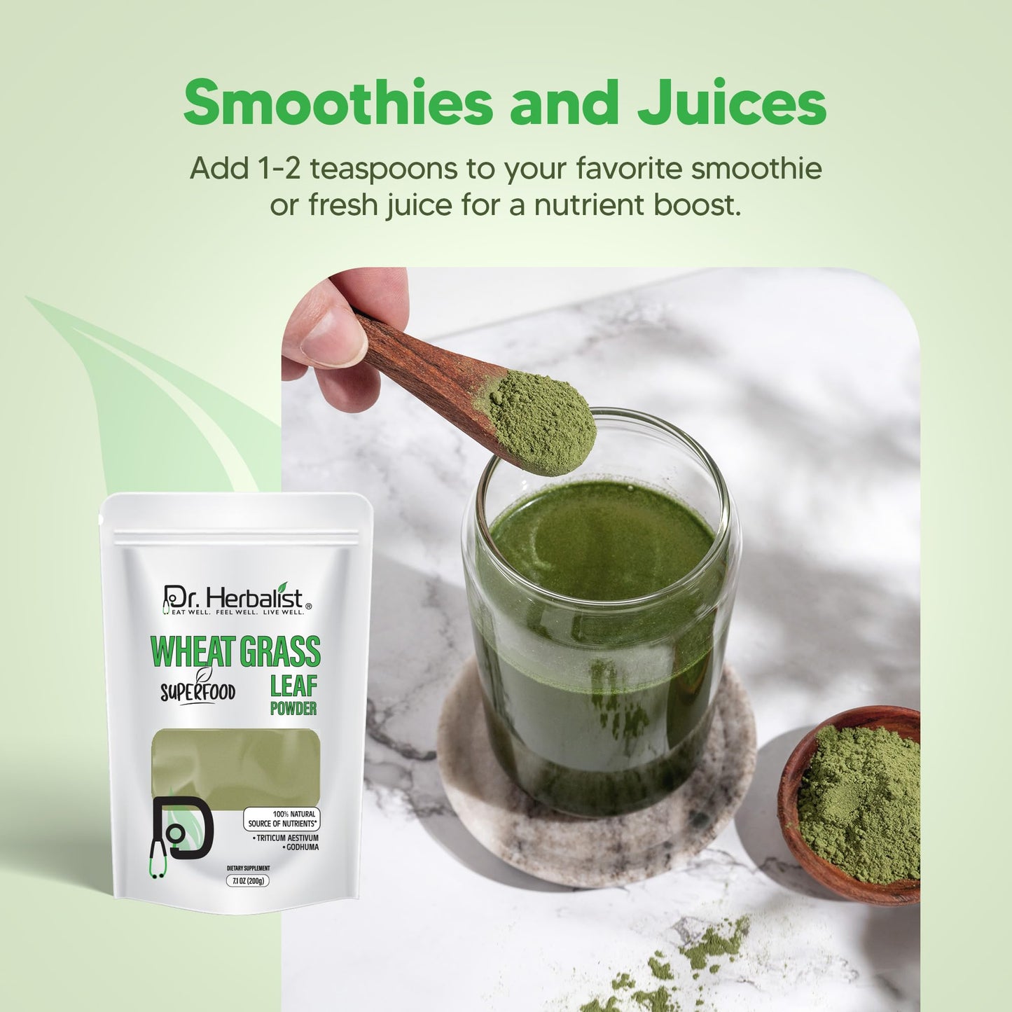 Dr. HERBALIST Wheatgrass Powder 200g - Pure Triticum Aestivum with Chlorophyll Iron & Vitamins A C E | Supports Daily Greens Detox & Nutrient Density* | Halal Dr. HERBALIST