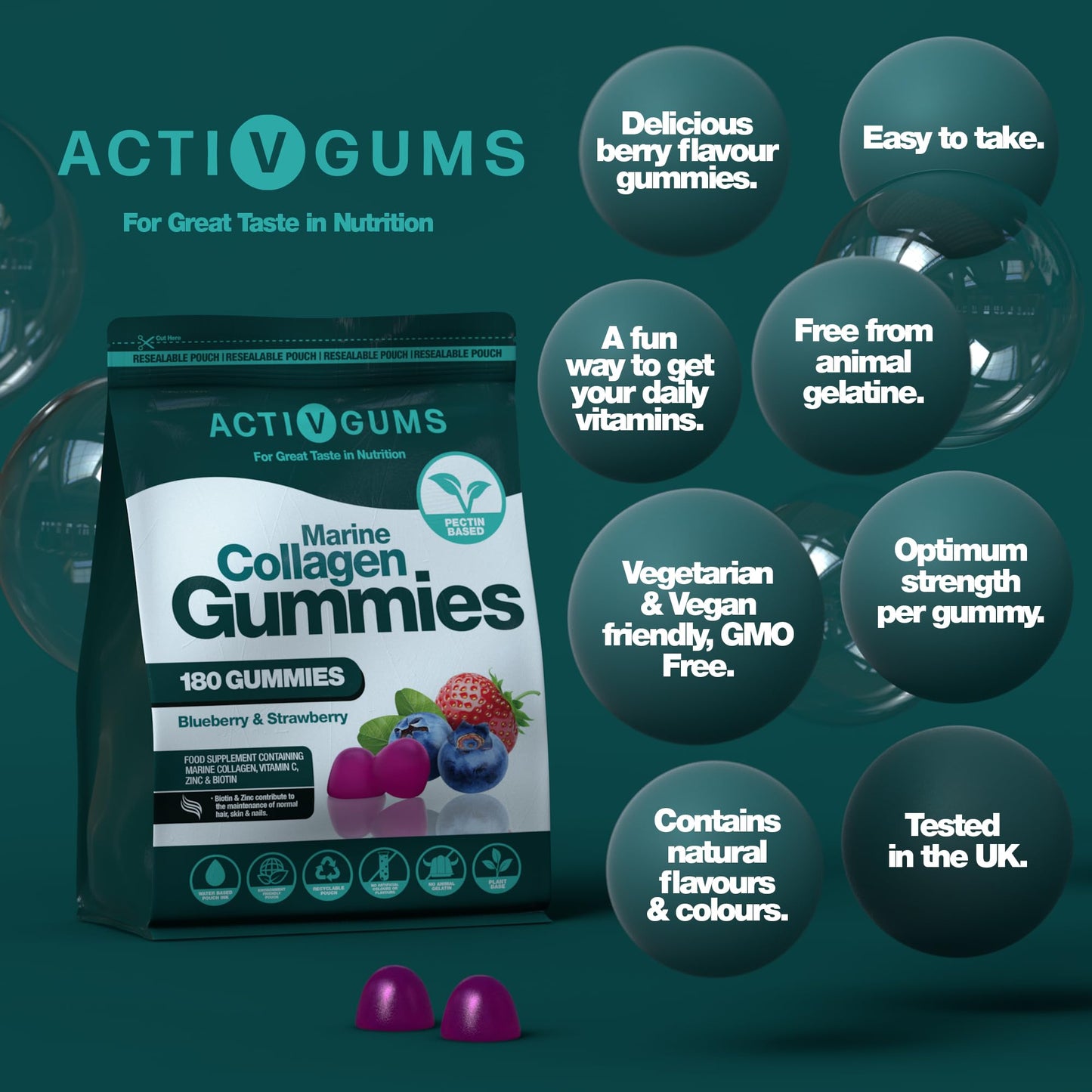 Marine Collagen Complex 180 Gummies. Strawberry & Blueberry Flavour. Resealable & Recyclable Pouch. Contains Marine Collagen, Vitamin C Activ Gums